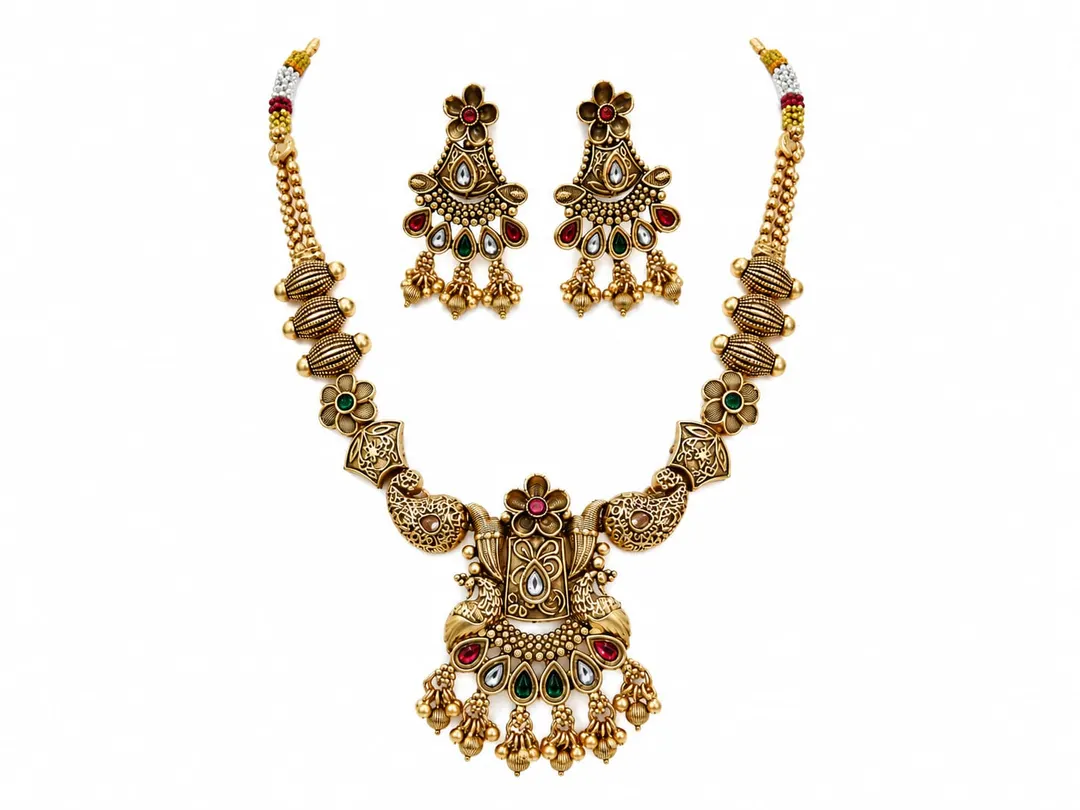 ROYAL ANTIQUE GOLD MULTICOLOR STONE CHOKER NECKLACE & EARRINGS SET