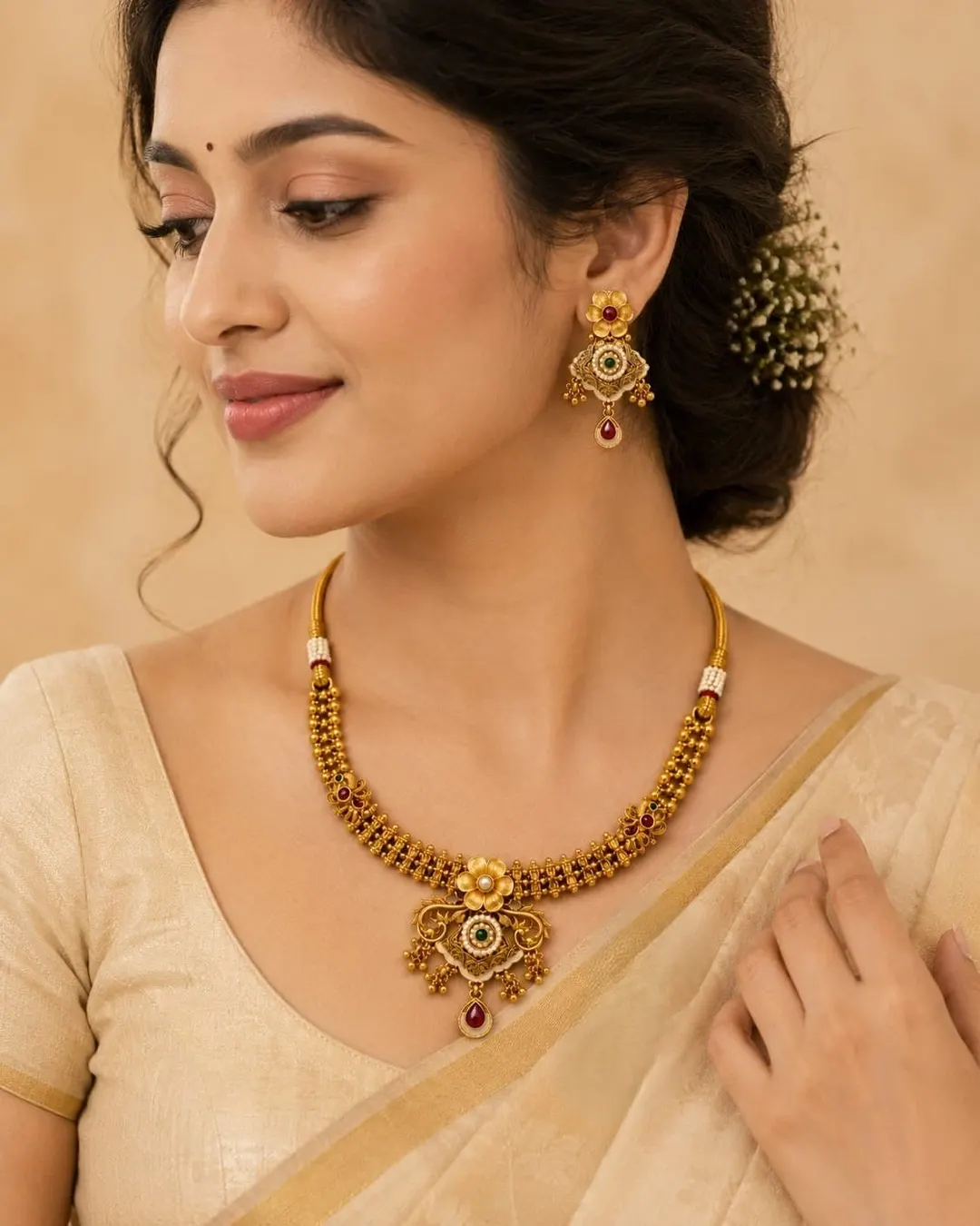 ROYAL ANTIQUE GOLD FLORAL CHOKER NECKLACE SET WITH RED STONE DROPS & MATCHING EARRINGS