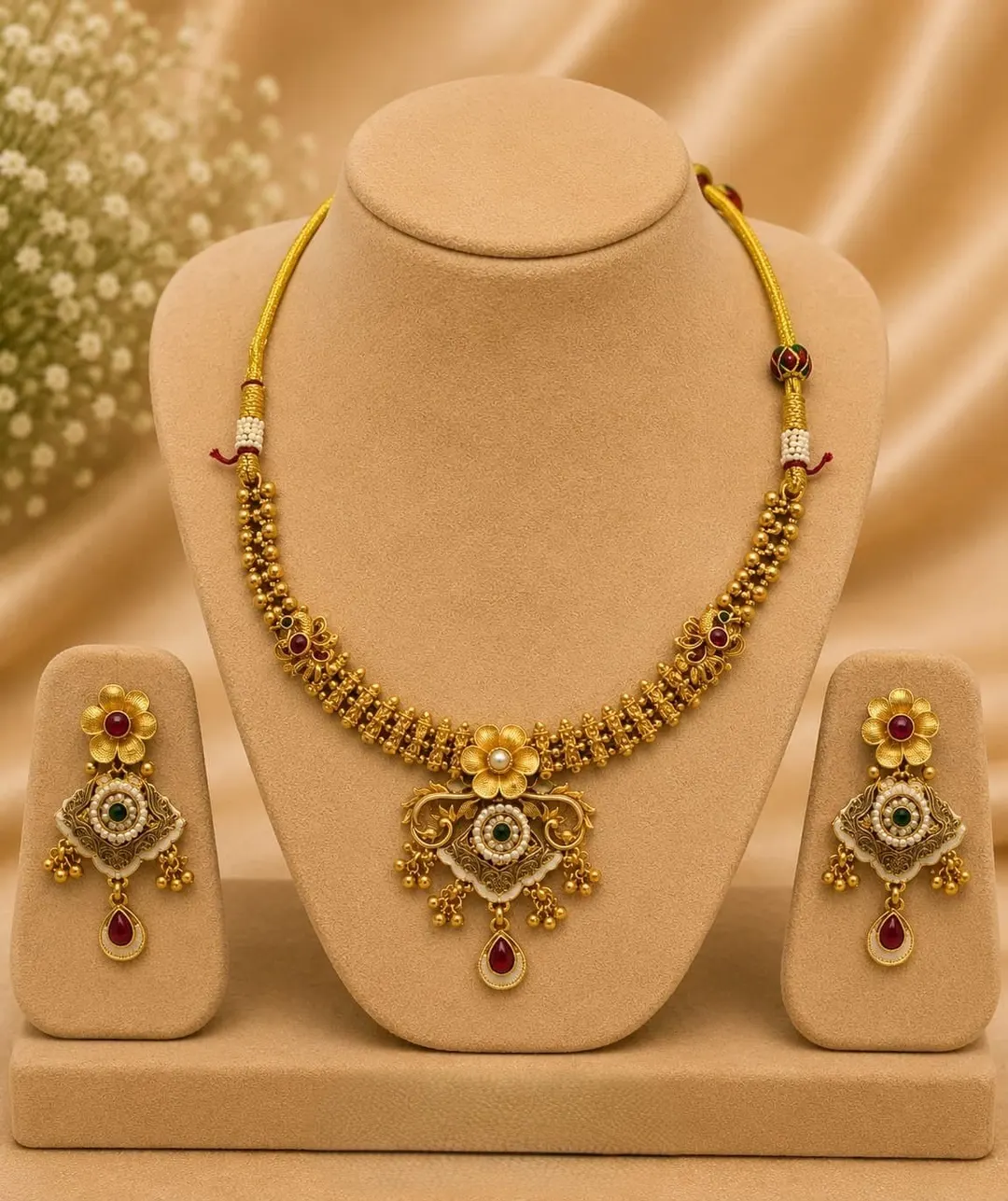 ROYAL ANTIQUE GOLD FLORAL CHOKER NECKLACE SET WITH RED STONE DROPS & MATCHING EARRINGS