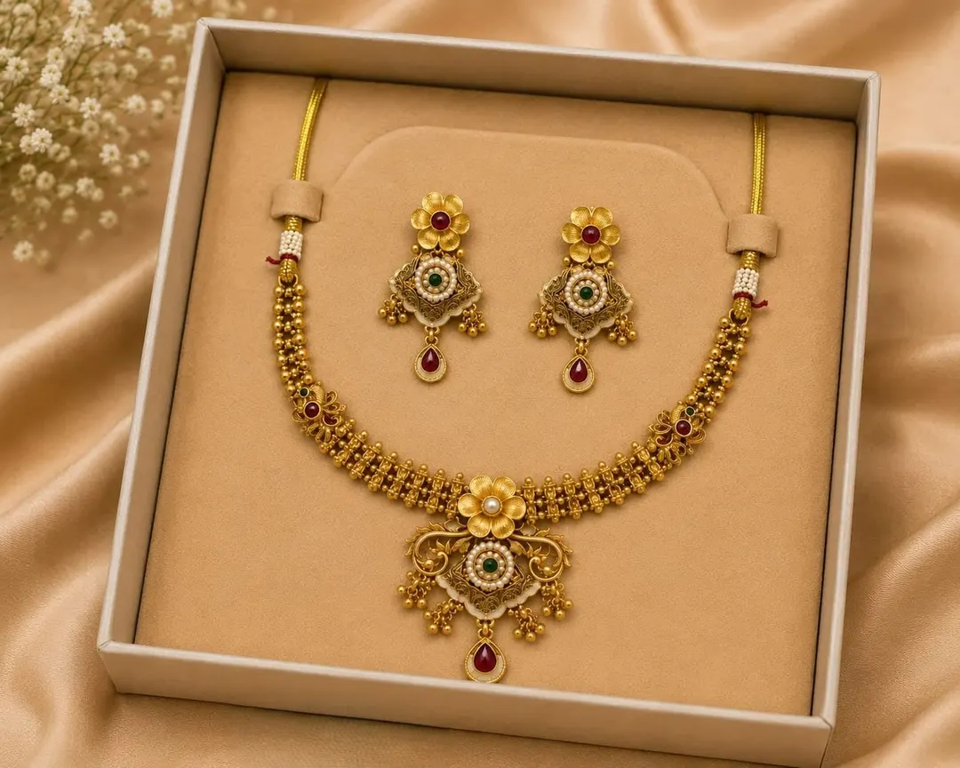 ROYAL ANTIQUE GOLD FLORAL CHOKER NECKLACE SET WITH RED STONE DROPS & MATCHING EARRINGS