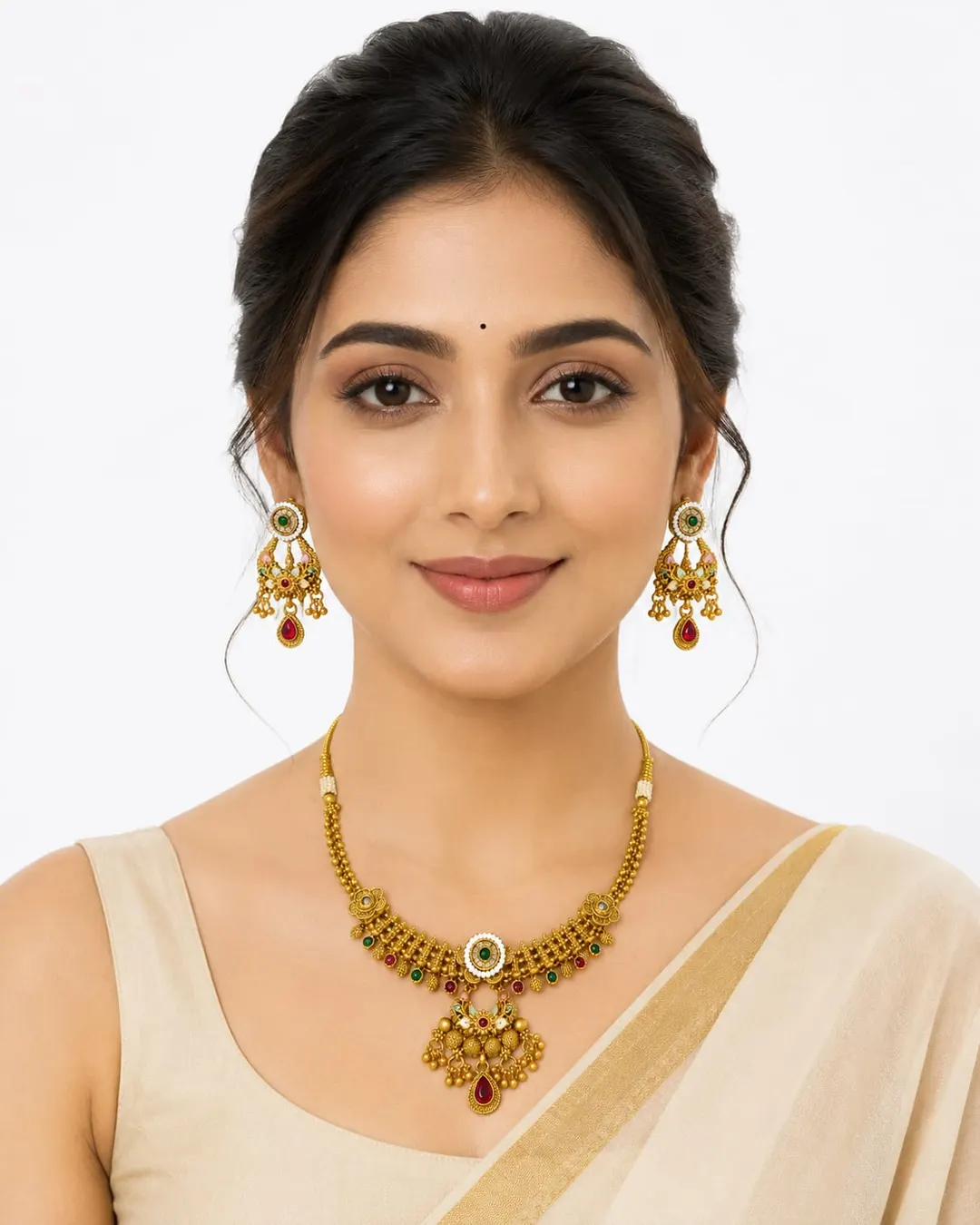 ROYAL ANTIQUE GOLD FLORAL CHOKER SET WITH RED & GREEN STONE AND MATCHING EARRINGS