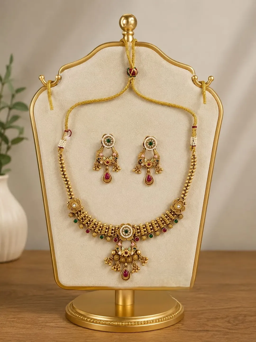 ROYAL ANTIQUE GOLD FLORAL CHOKER SET WITH RED & GREEN STONE AND  MATCHING EARRINGS