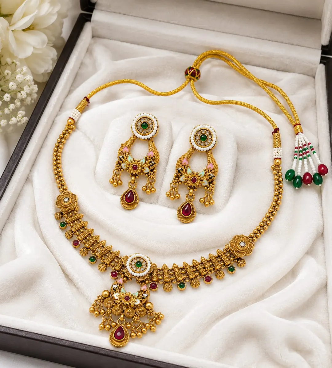 ROYAL ANTIQUE GOLD FLORAL CHOKER SET WITH RED & GREEN STONE AND  MATCHING EARRINGS