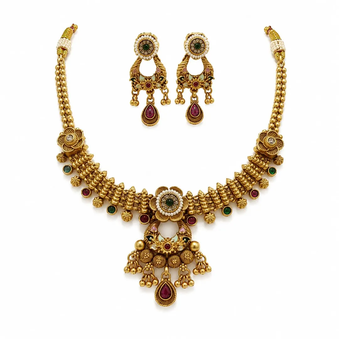 ROYAL ANTIQUE GOLD FLORAL CHOKER SET WITH RED & GREEN STONE AND  MATCHING EARRINGS