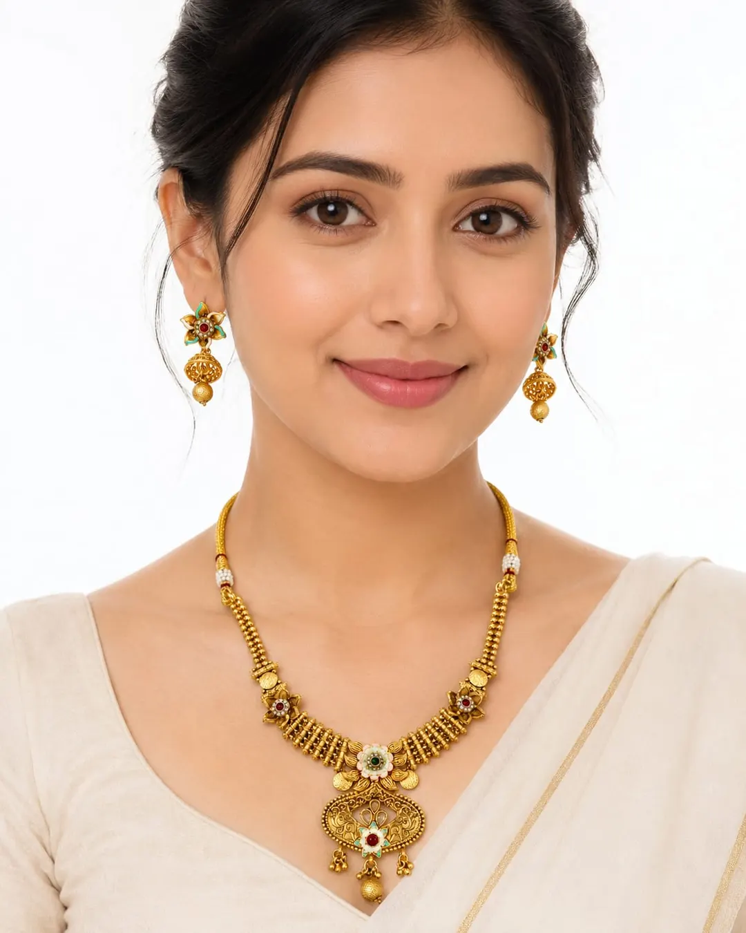 ROYAL ANTIQUE GOLD FLORAL PENDANT NECKLACE SET WITH MATCHING JHUMKA EARRINGS