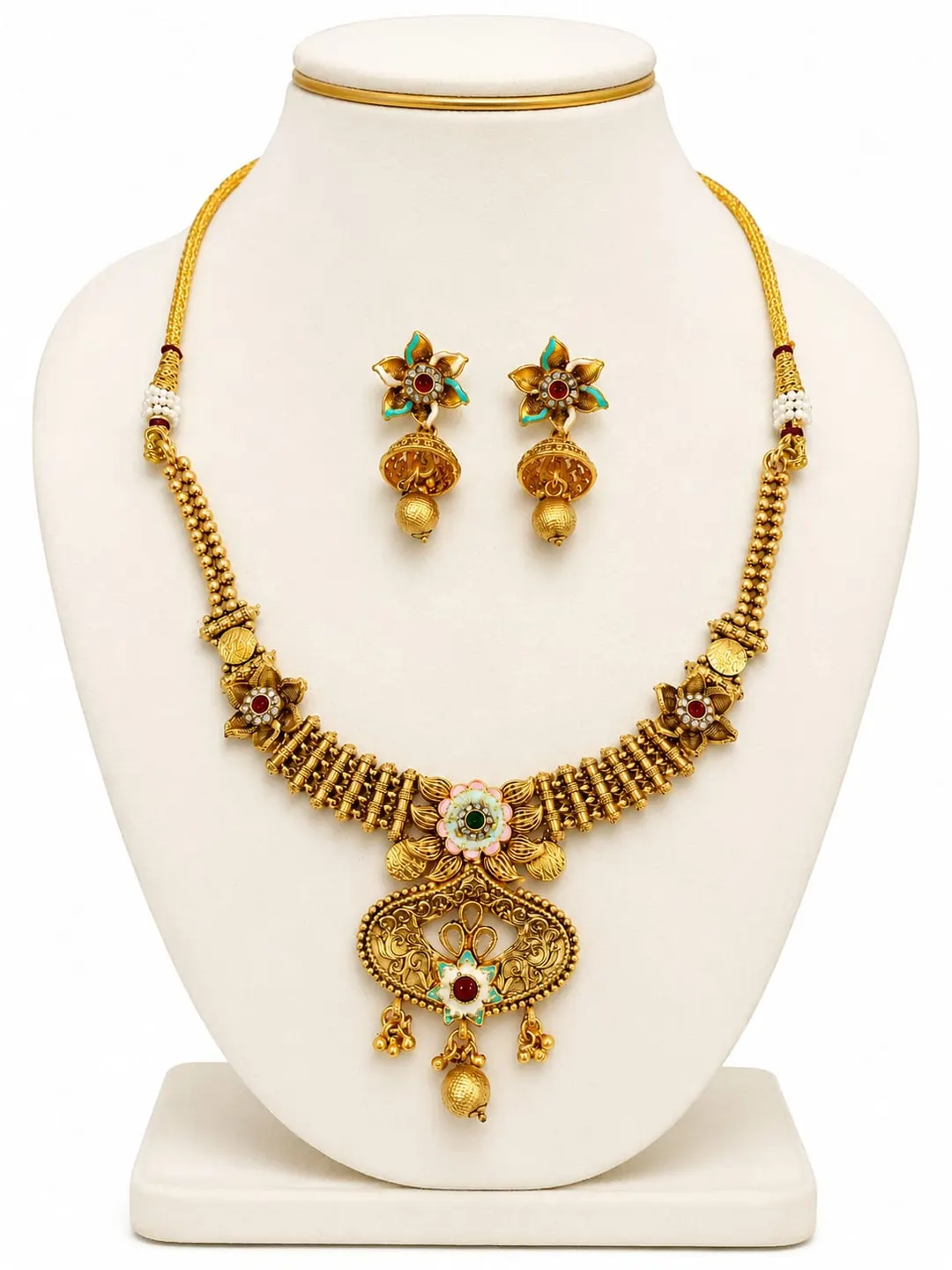 ROYAL ANTIQUE GOLD FLORAL PENDANT NECKLACE SET WITH MATCHING JHUMKA EARRINGS