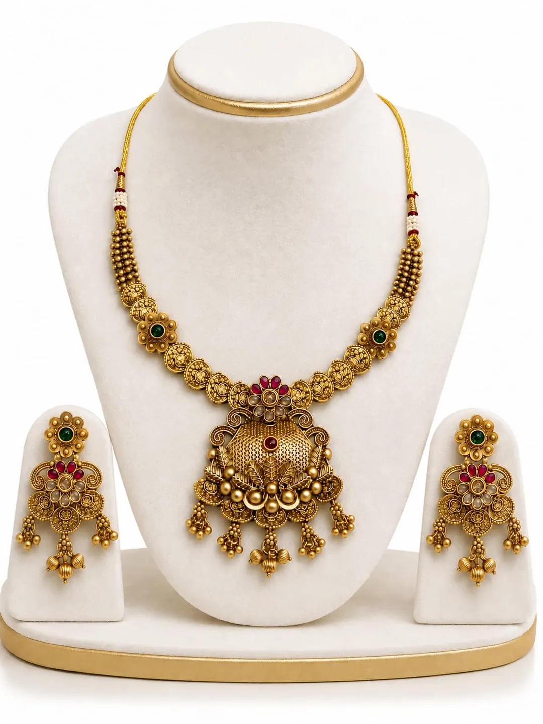 ROYAL ANTIQUE GOLD FLORAL CHOKER SET WITH RED AND GREEN STONES AND EARRINGS