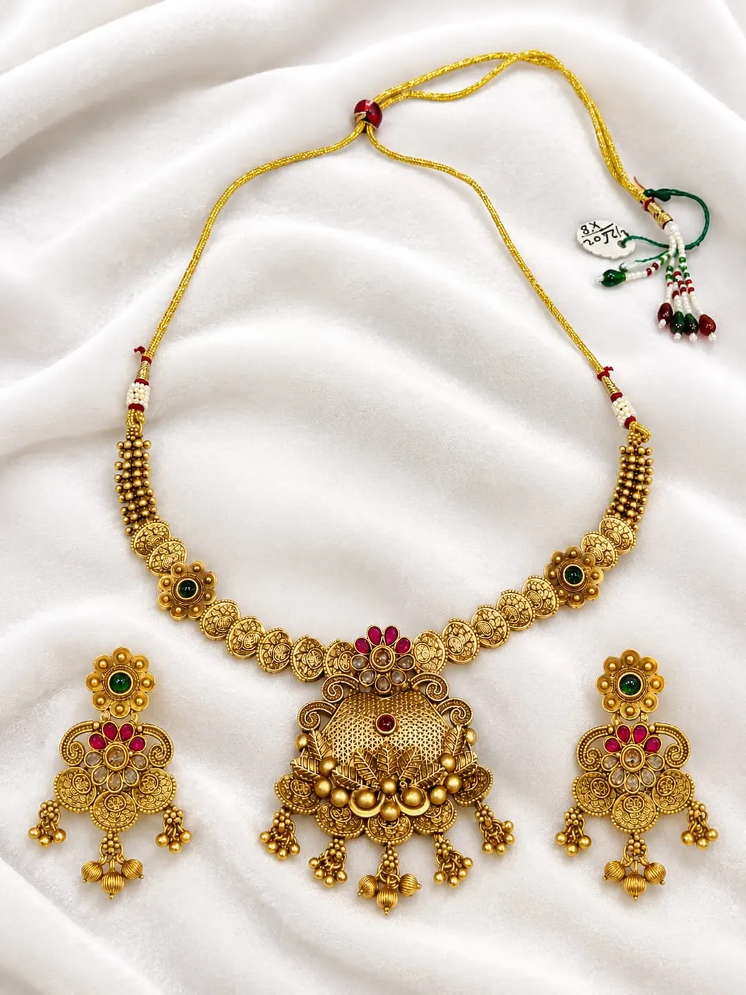 ROYAL ANTIQUE GOLD FLORAL CHOKER SET WITH RED AND GREEN STONES AND EARRINGS