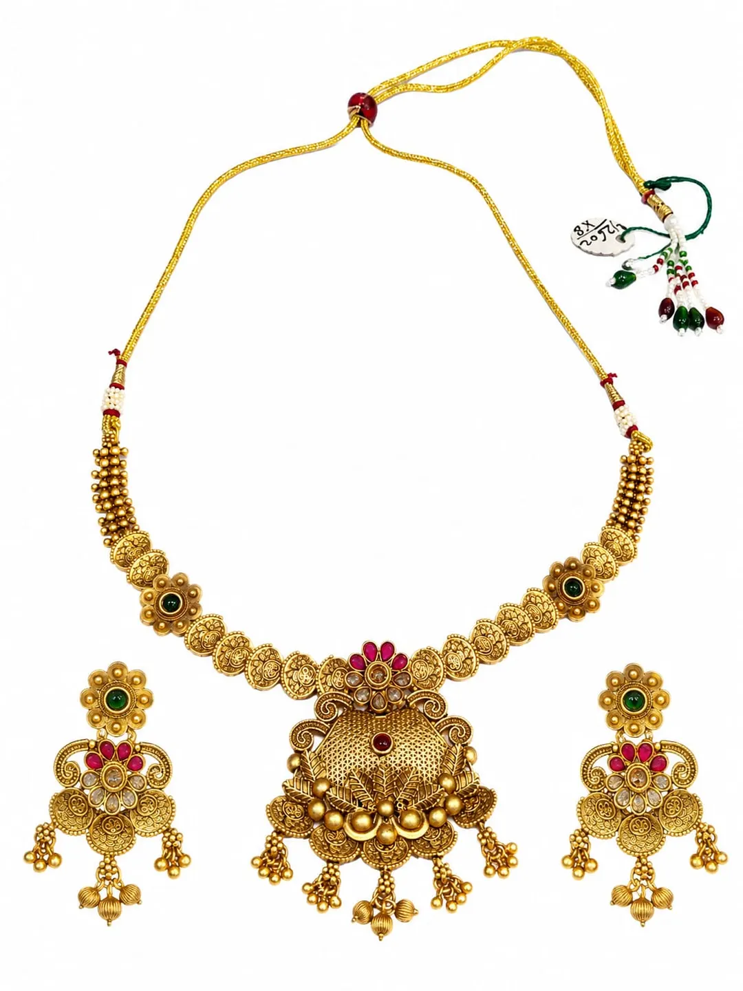 ROYAL ANTIQUE GOLD FLORAL CHOKER SET WITH RED AND GREEN STONES AND EARRINGS