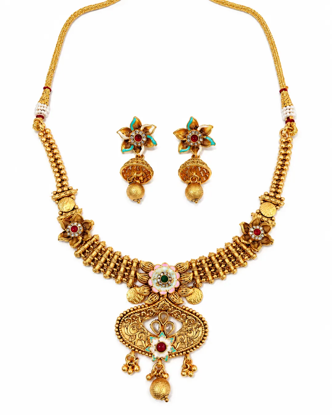 ROYAL ANTIQUE GOLD FLORAL PENDANT NECKLACE SET WITH MATCHING JHUMKA EARRINGS
