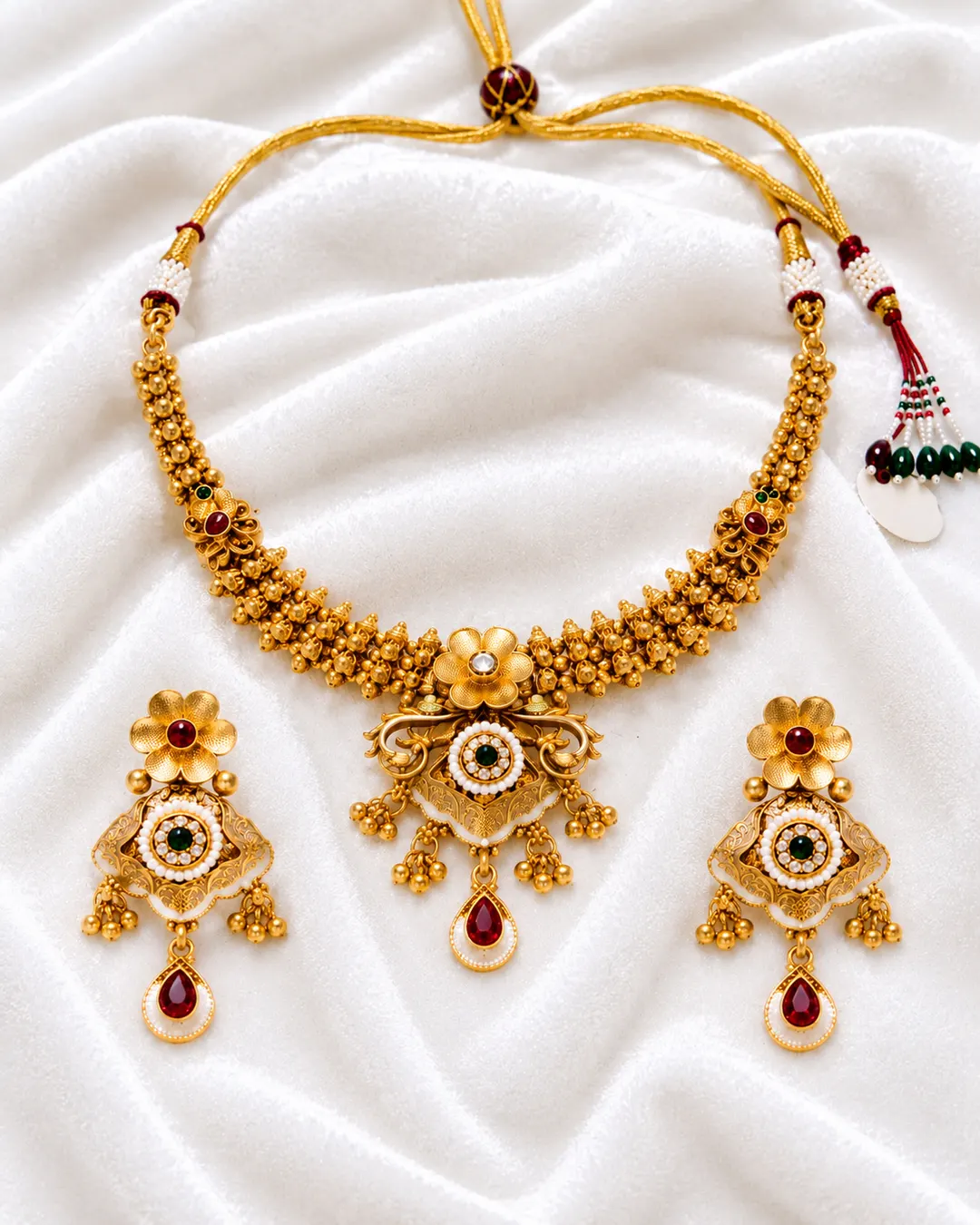 ROYAL ANTIQUE GOLD FLORAL CHOKER NECKLACE SET WITH RED STONE DROPS & MATCHING EARRINGS