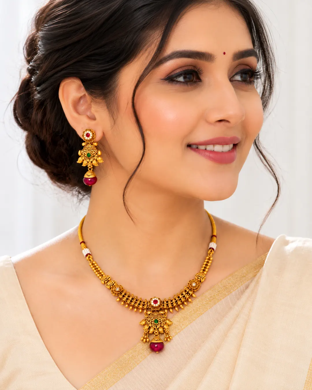 ROYAL ANTIQUE GOLD FLORAL CHOKER NECKLACE SET WITH RUBY RED DROPS & MATCHING EARRINGS