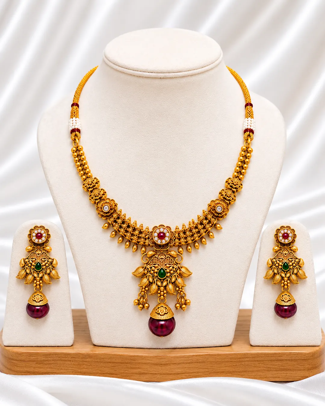 ROYAL ANTIQUE GOLD FLORAL CHOKER NECKLACE SET WITH RUBY RED DROPS & MATCHING EARRINGS
