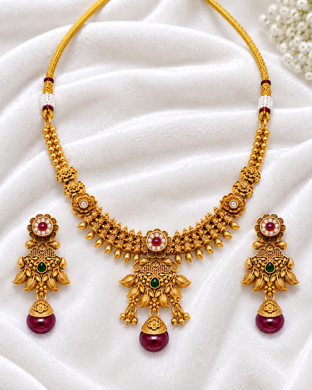 ROYAL ANTIQUE GOLD FLORAL CHOKER NECKLACE SET WITH RUBY RED DROPS & MATCHING EARRINGS
