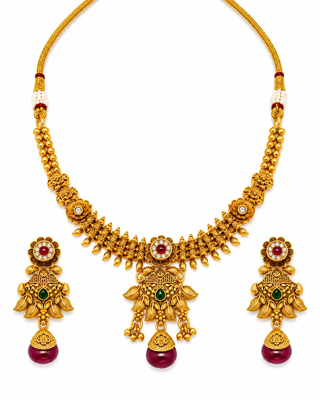 ROYAL ANTIQUE GOLD FLORAL CHOKER NECKLACE SET WITH RUBY RED DROPS & MATCHING EARRINGS