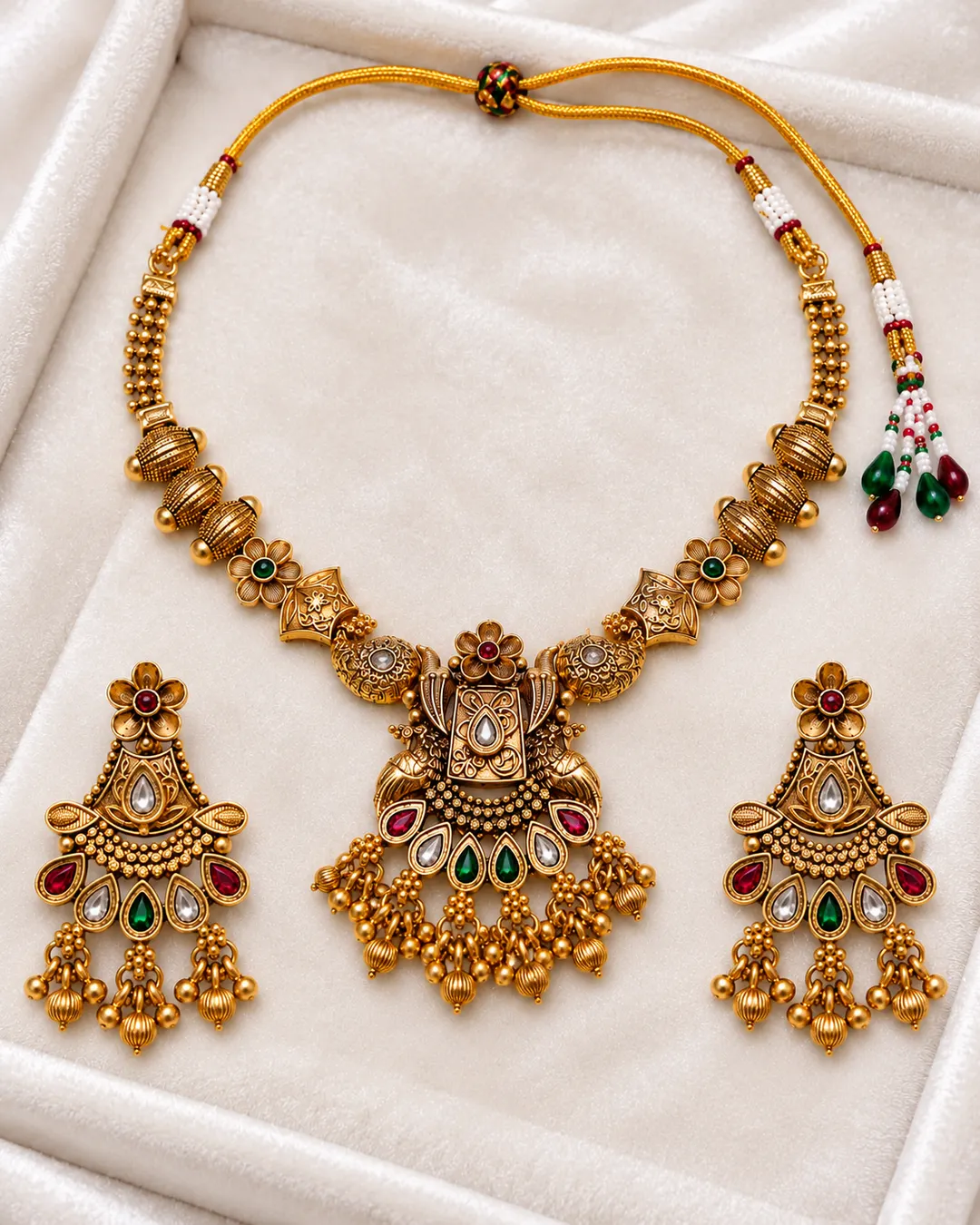 ROYAL ANTIQUE GOLD MULTICOLOR STONE CHOKER NECKLACE & EARRINGS SET