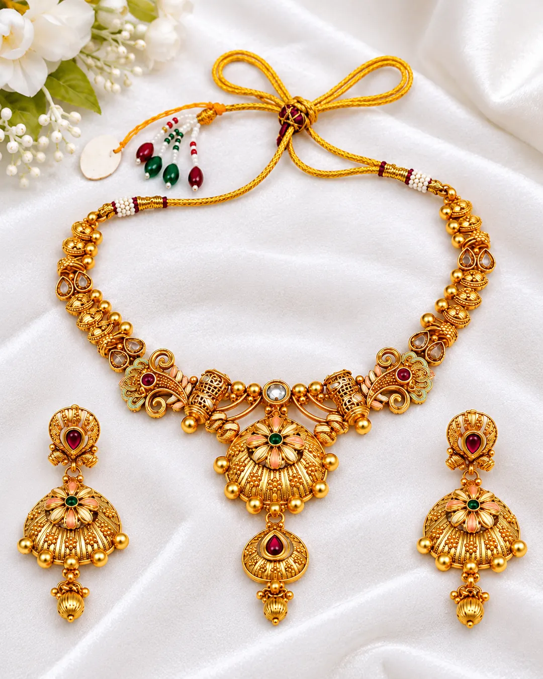 ROYAL ANTIQUE GOLD FLORAL PENDANT NECKLACE & JHUMKA EARRINGS SET