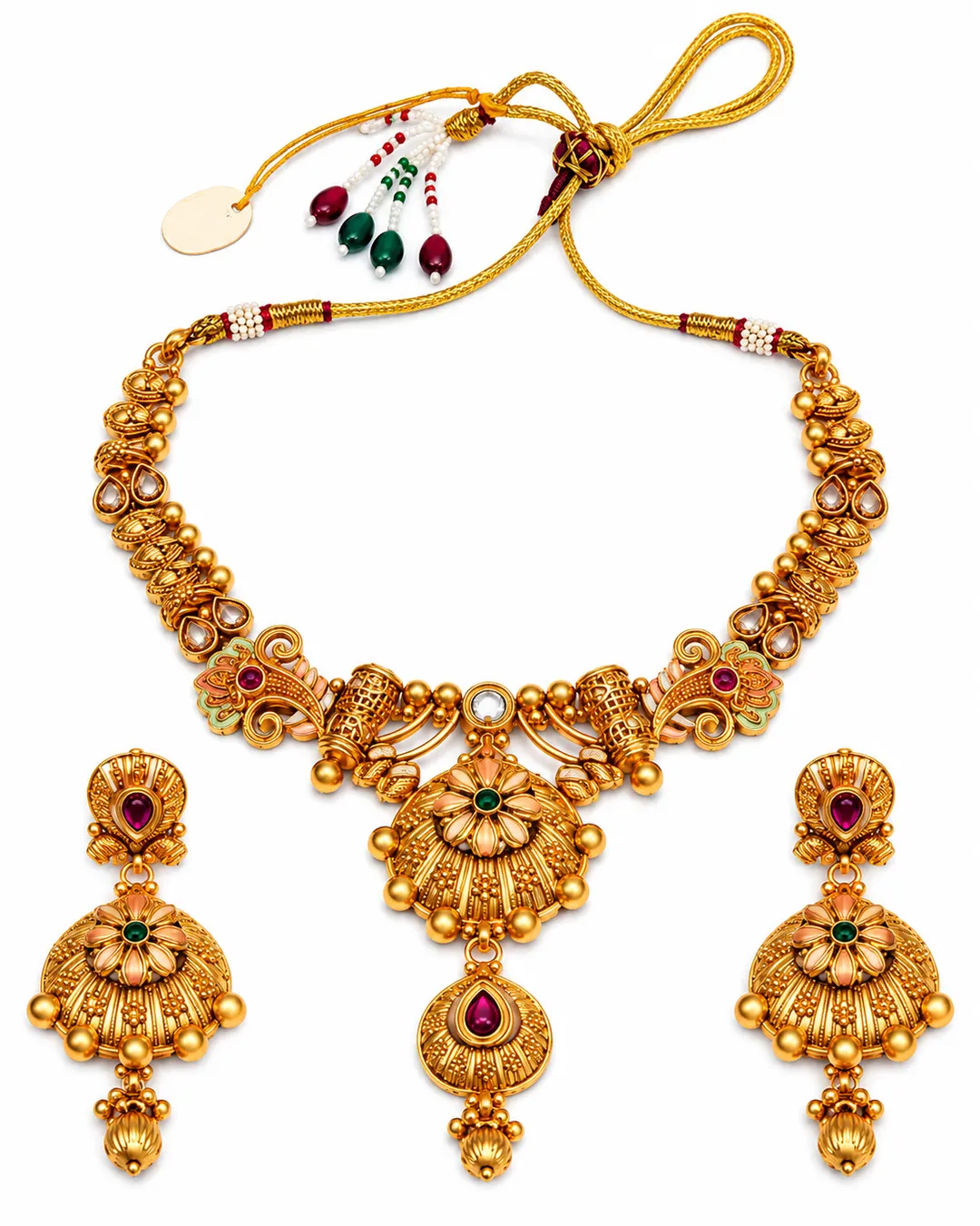 ROYAL ANTIQUE GOLD FLORAL PENDANT NECKLACE & JHUMKA EARRINGS SET