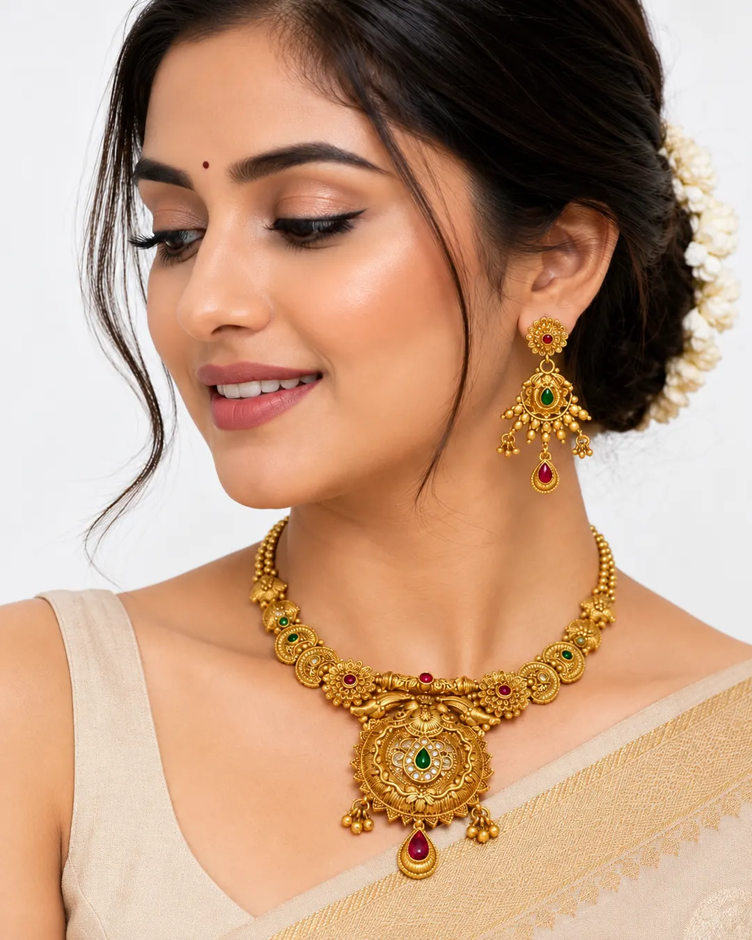 ANTIQUE GOLD-PLATED TEMPLE NECKLACE SET WITH KUNDAN WORK & MATCHING EARRINGS