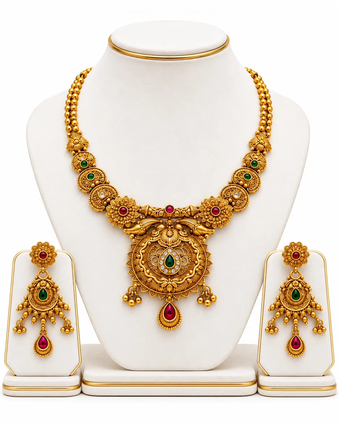 ANTIQUE GOLD-PLATED TEMPLE NECKLACE SET WITH KUNDAN WORK & MATCHING EARRINGS