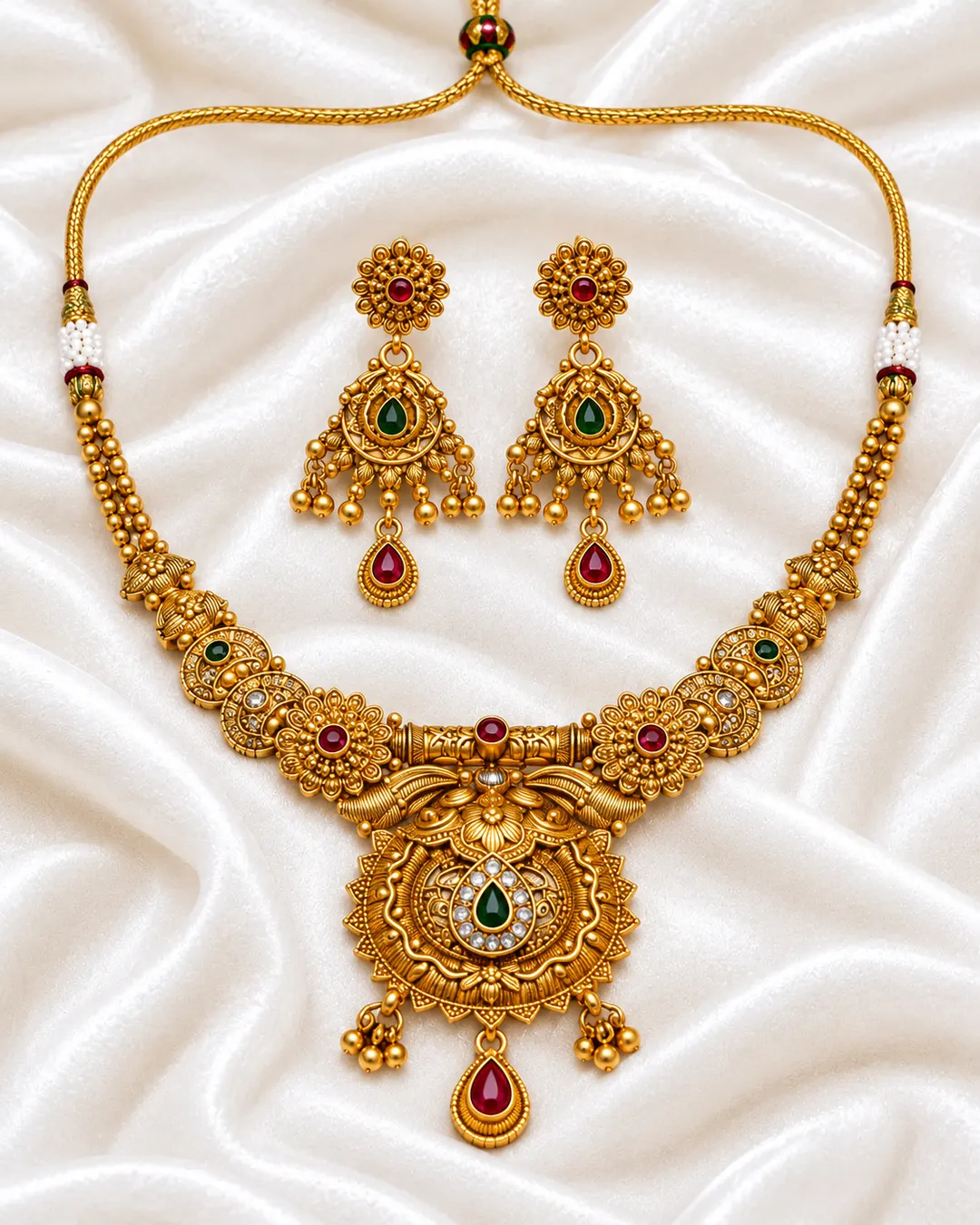 ANTIQUE GOLD-PLATED TEMPLE NECKLACE SET WITH KUNDAN WORK & MATCHING EARRINGS