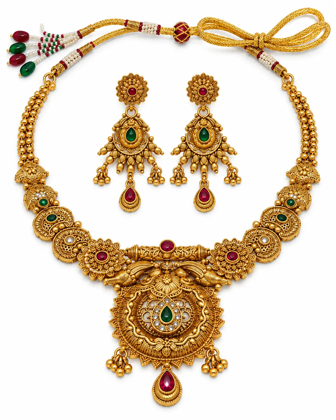 ANTIQUE GOLD-PLATED TEMPLE NECKLACE SET WITH KUNDAN WORK & MATCHING EARRINGS