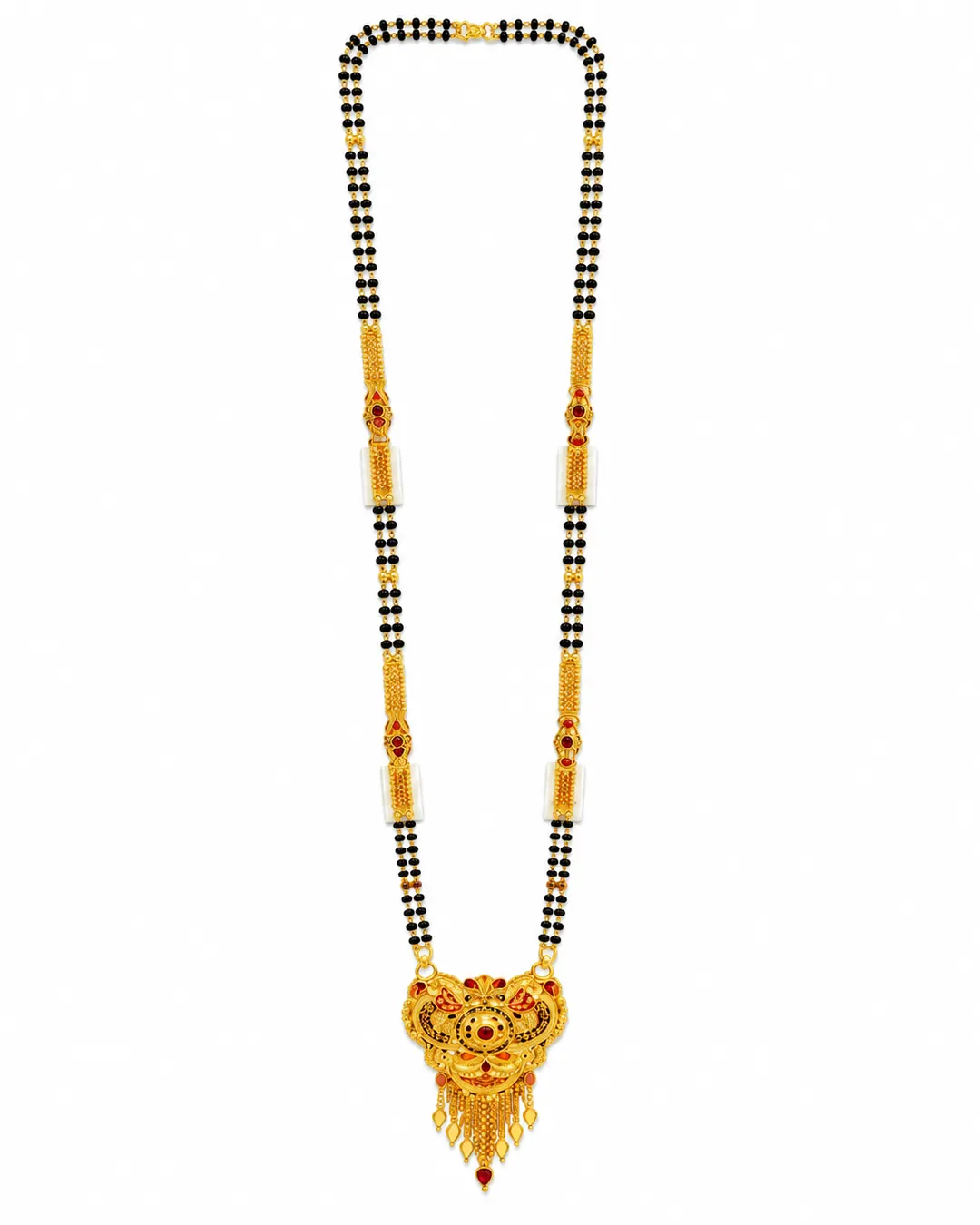 TRADITIONAL GOLD-PLATED DOUBLE-LINE BLACK BEAD MANGALSUTRA WITH ROYAL DESIGNER PENDANT