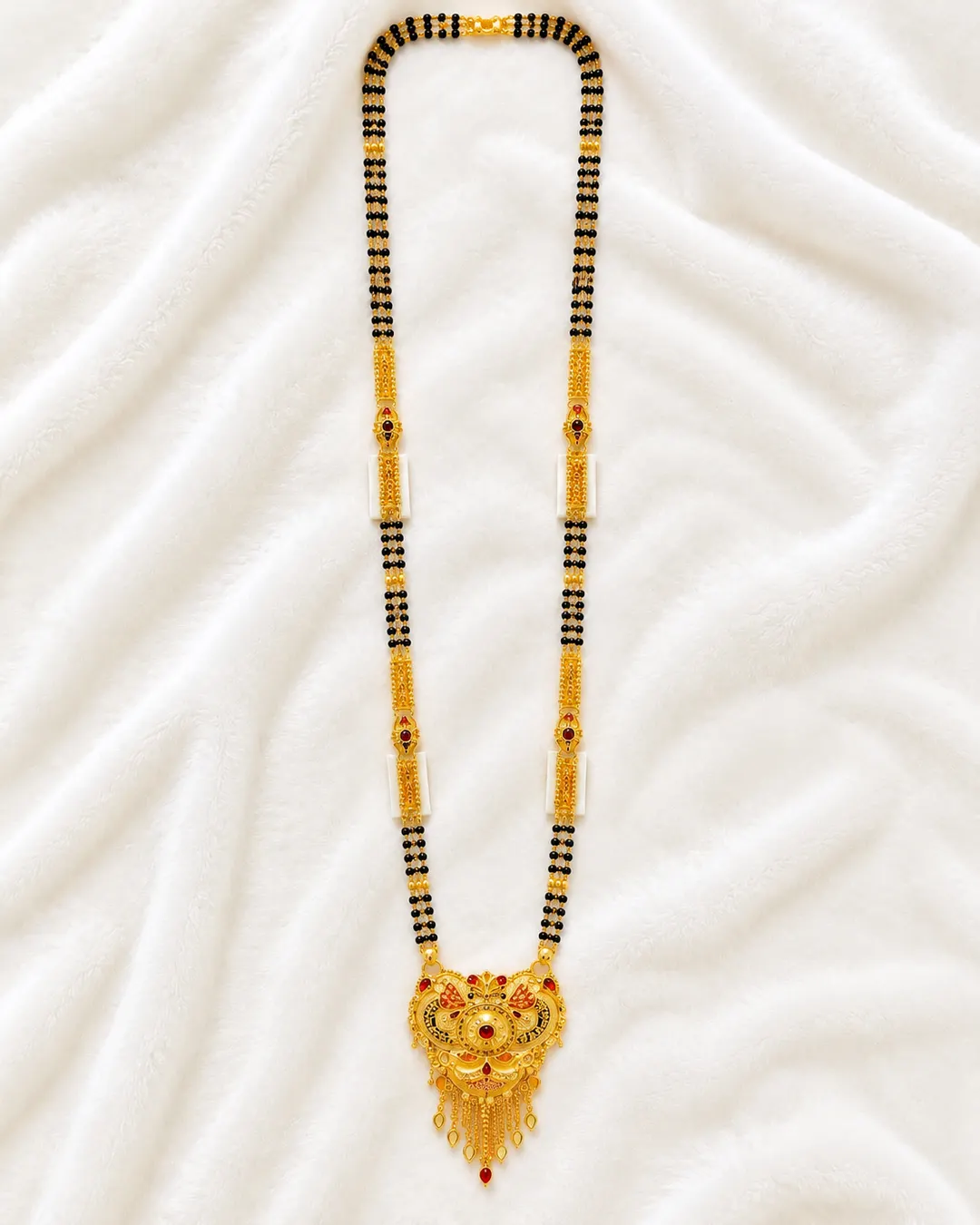 TRADITIONAL GOLD-PLATED DOUBLE-LINE BLACK BEAD MANGALSUTRA  WITH ROYAL DESIGNER PENDANT