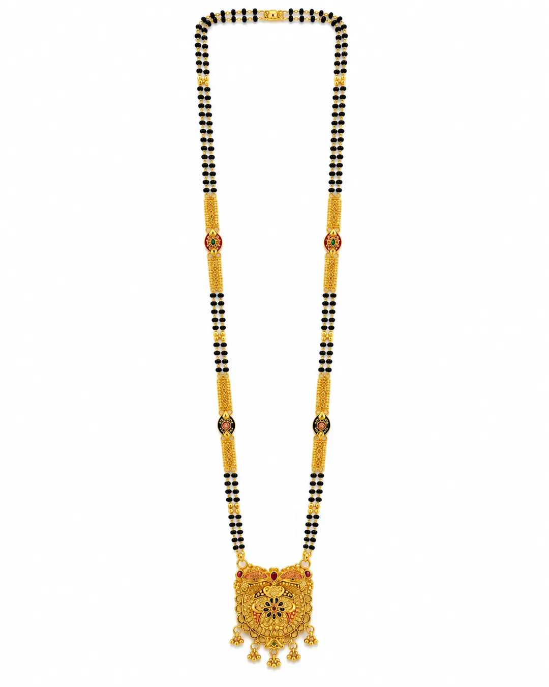 TRADITIONAL GOLD-PLATED DOUBLE-LINE BLACK BEAD MANGALSUTRA WITH FLORAL PENDANT AND DANGLING CHARMS
