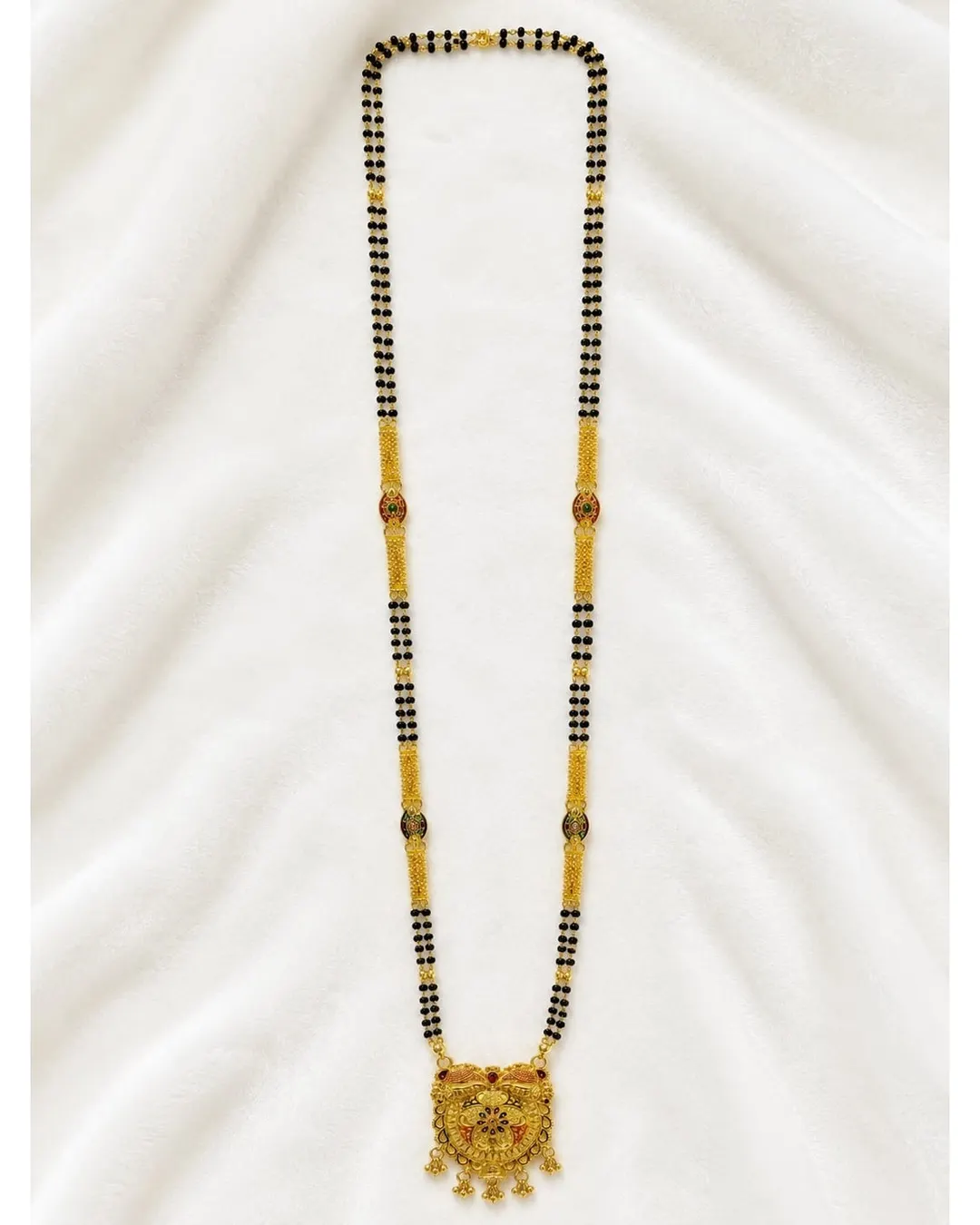 TRADITIONAL GOLD-PLATED DOUBLE-LINE BLACK BEAD MANGALSUTRA WITH FLORAL PENDANT AND DANGLING CHARMS 