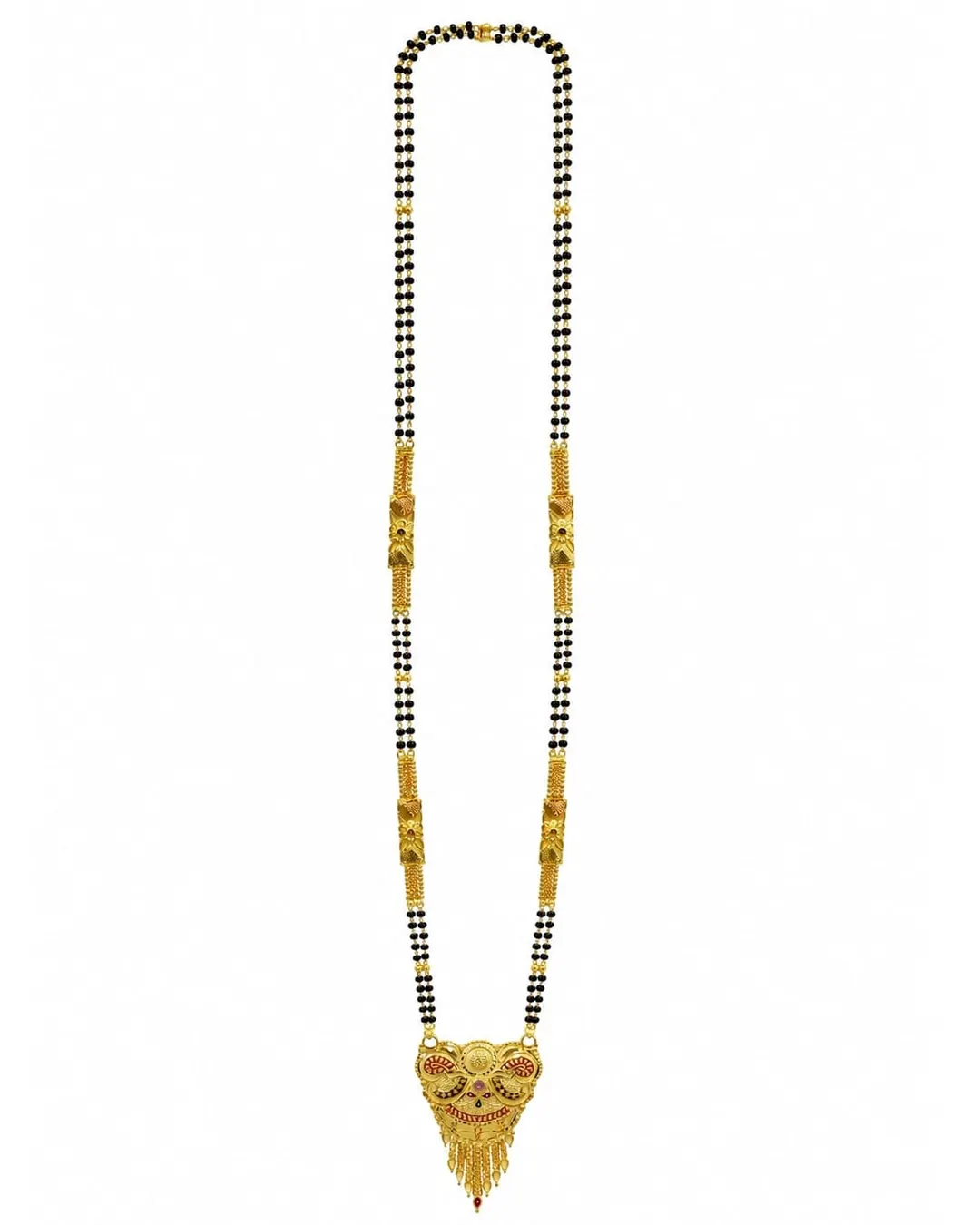 TRADITIONAL GOLD-PLATED DOUBLE-LINE BLACK BEAD MANGALSUTRA WITH ORNATE PENDANT