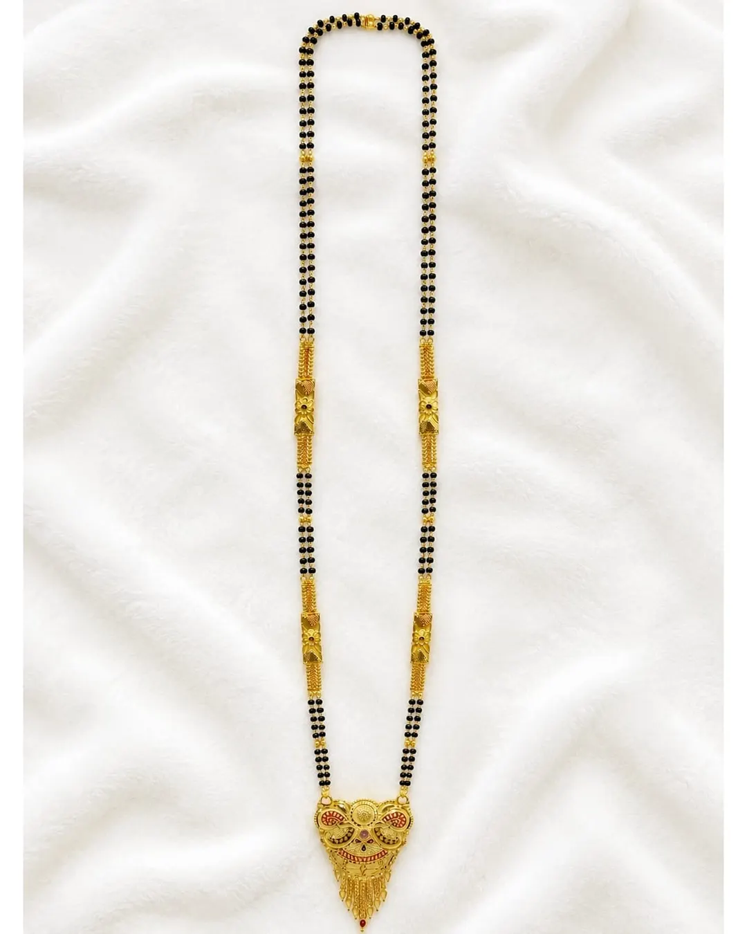 TRADITIONAL GOLD-PLATED DOUBLE-LINE BLACK BEAD MANGALSUTRA WITH ORNATE PENDANT