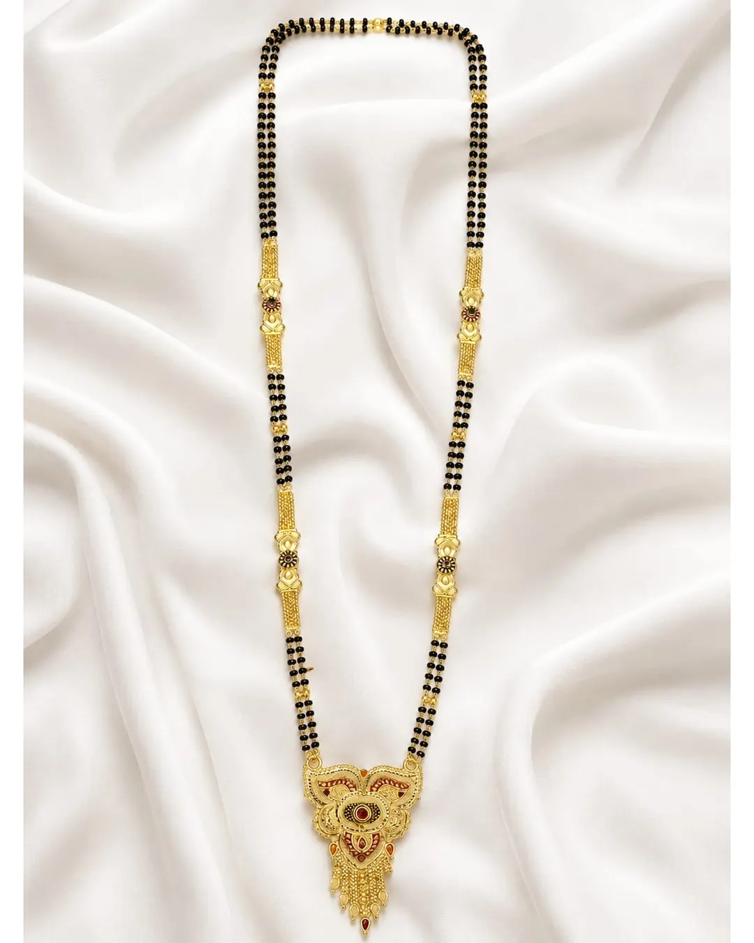 TRADITIONAL GOLD-PLATED DOUBLE-LINE BLACK BEAD MANGALSUTRA ITH DESIGNER PENDANT
