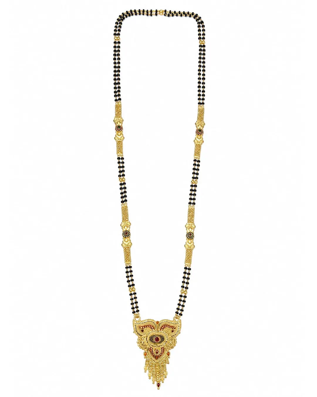 TRADITIONAL GOLD-PLATED DOUBLE-LINE BLACK BEAD MANGALSUTRA ITH DESIGNER PENDANT