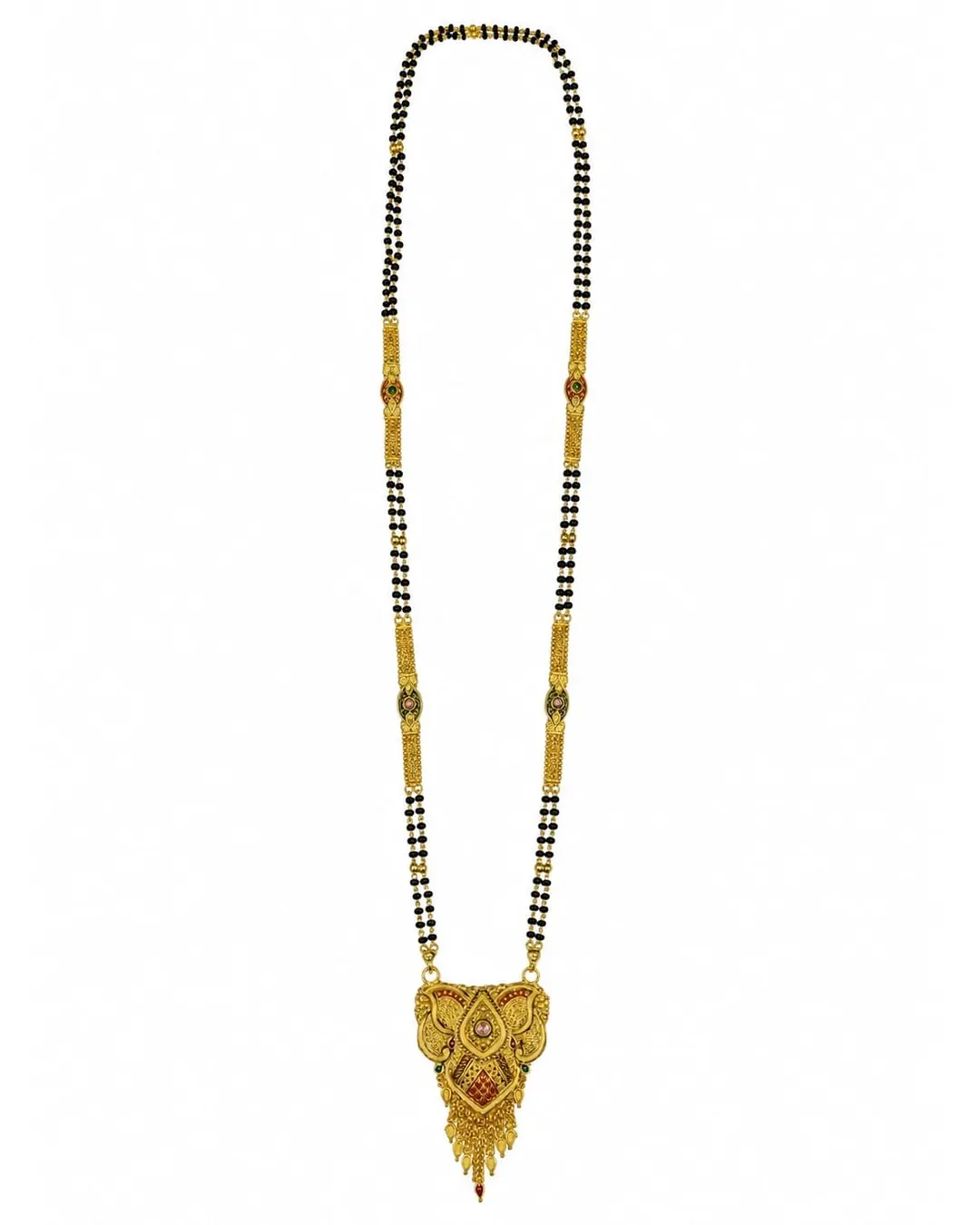TRADITIONAL GOLD-TONE BLACK BEADED MANGALSUTRA WITH ANTIQUE PENDANT