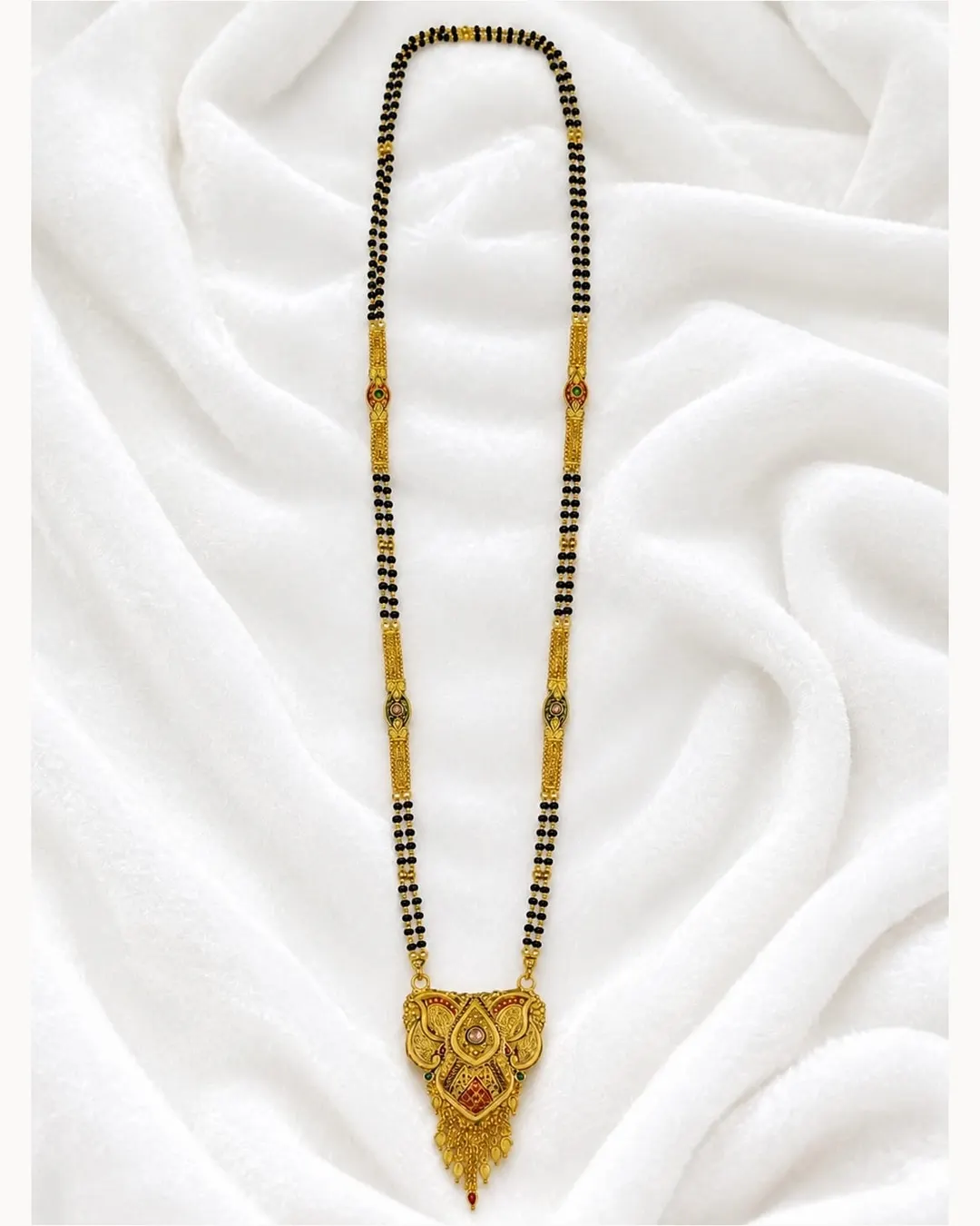 TRADITIONAL GOLD-TONE BLACK BEADED MANGALSUTRA WITH ANTIQUE PENDANT