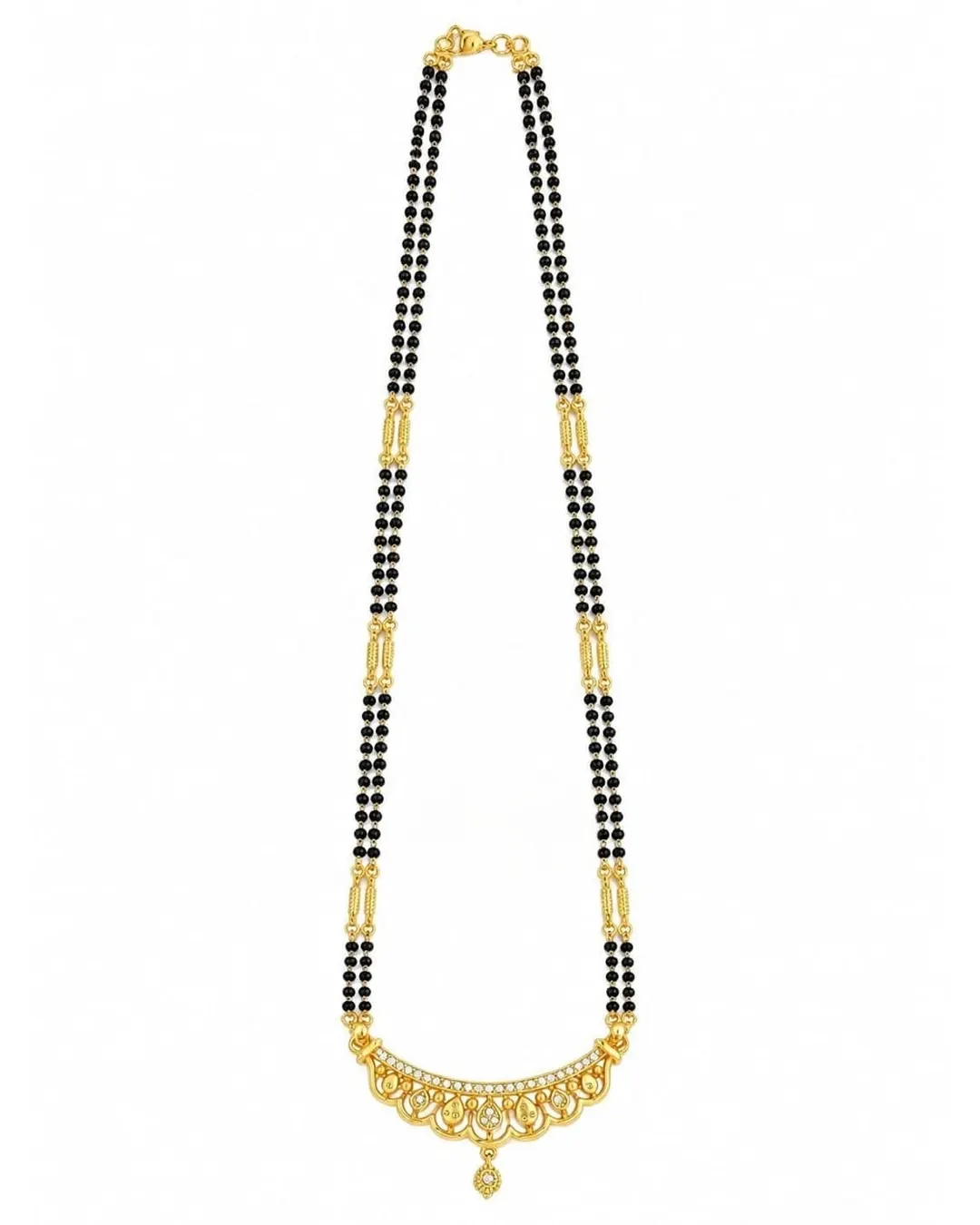 ELEGANT GOLD-TONE DOUBLE-LINE BLACK BEADED MANGALSUTRA WITH DESIGNER FLORAL PENDANT