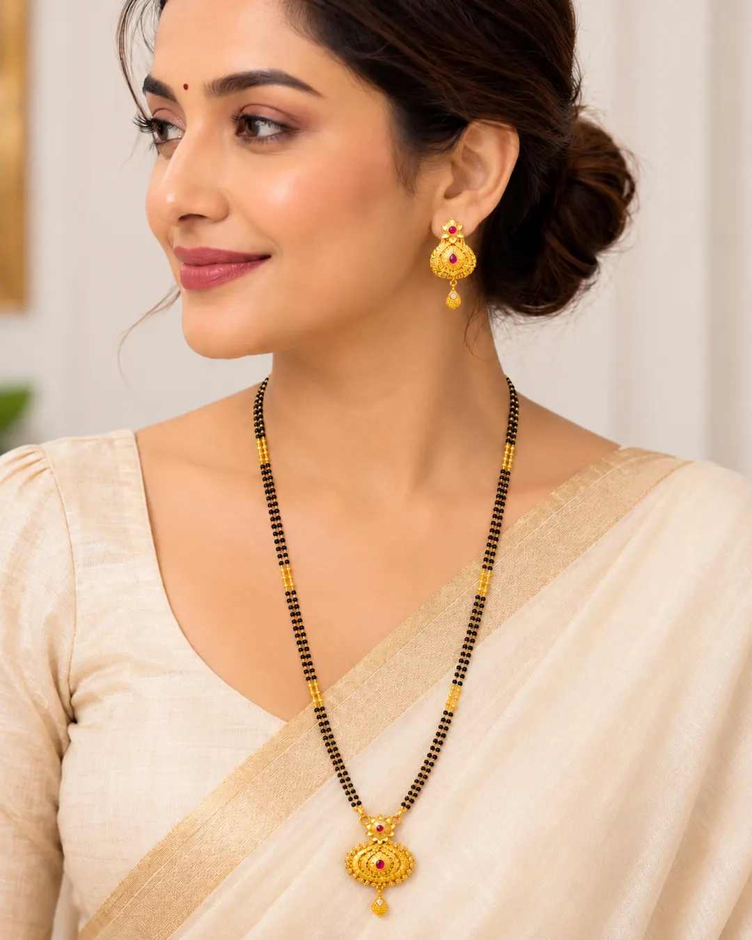 GOLD-TONE BLACK BEADED LONG MANGALSUTRA WITH MATCHING EARRINGS