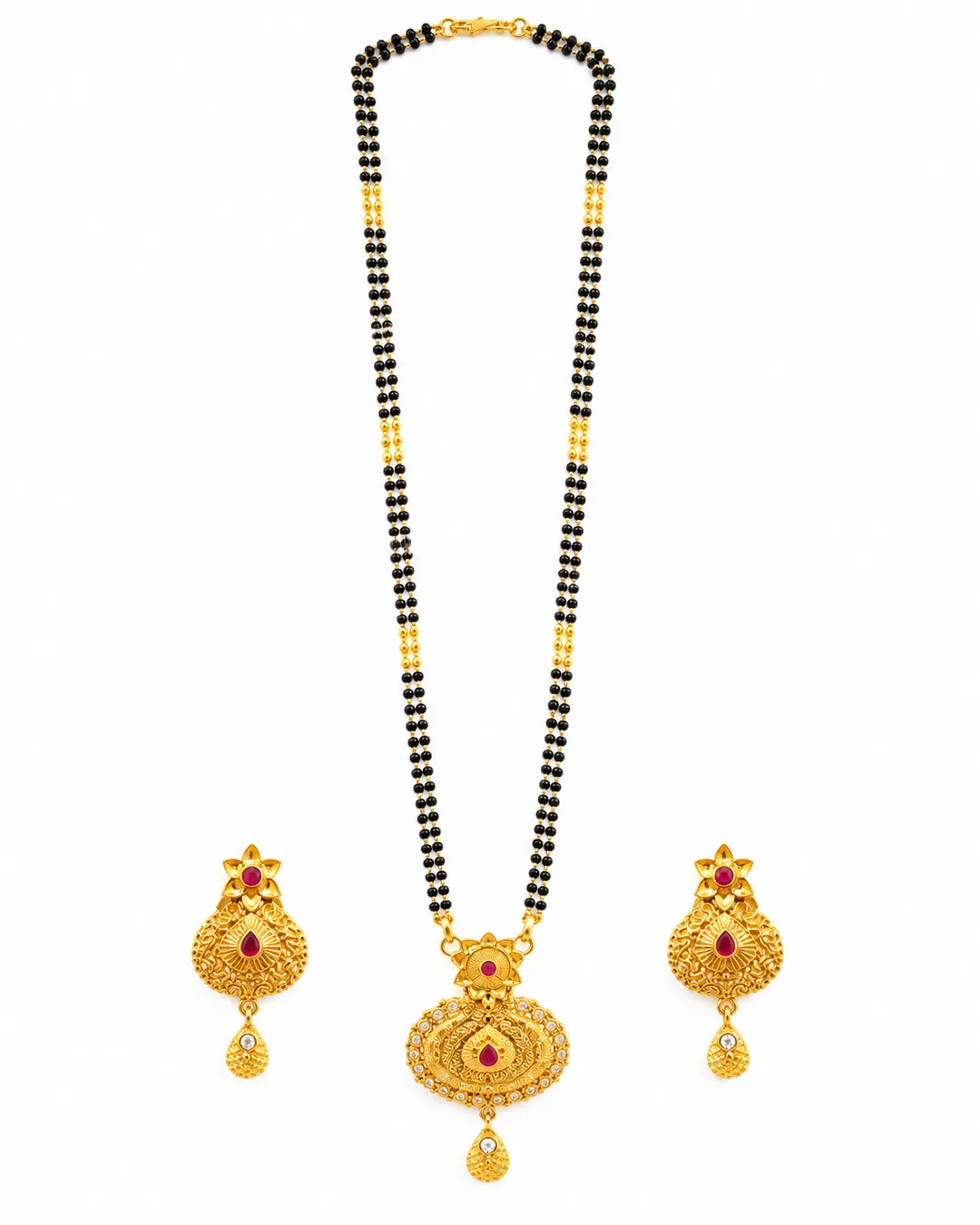 GOLD-TONE BLACK BEADED LONG MANGALSUTRA WITH MATCHING EARRINGS