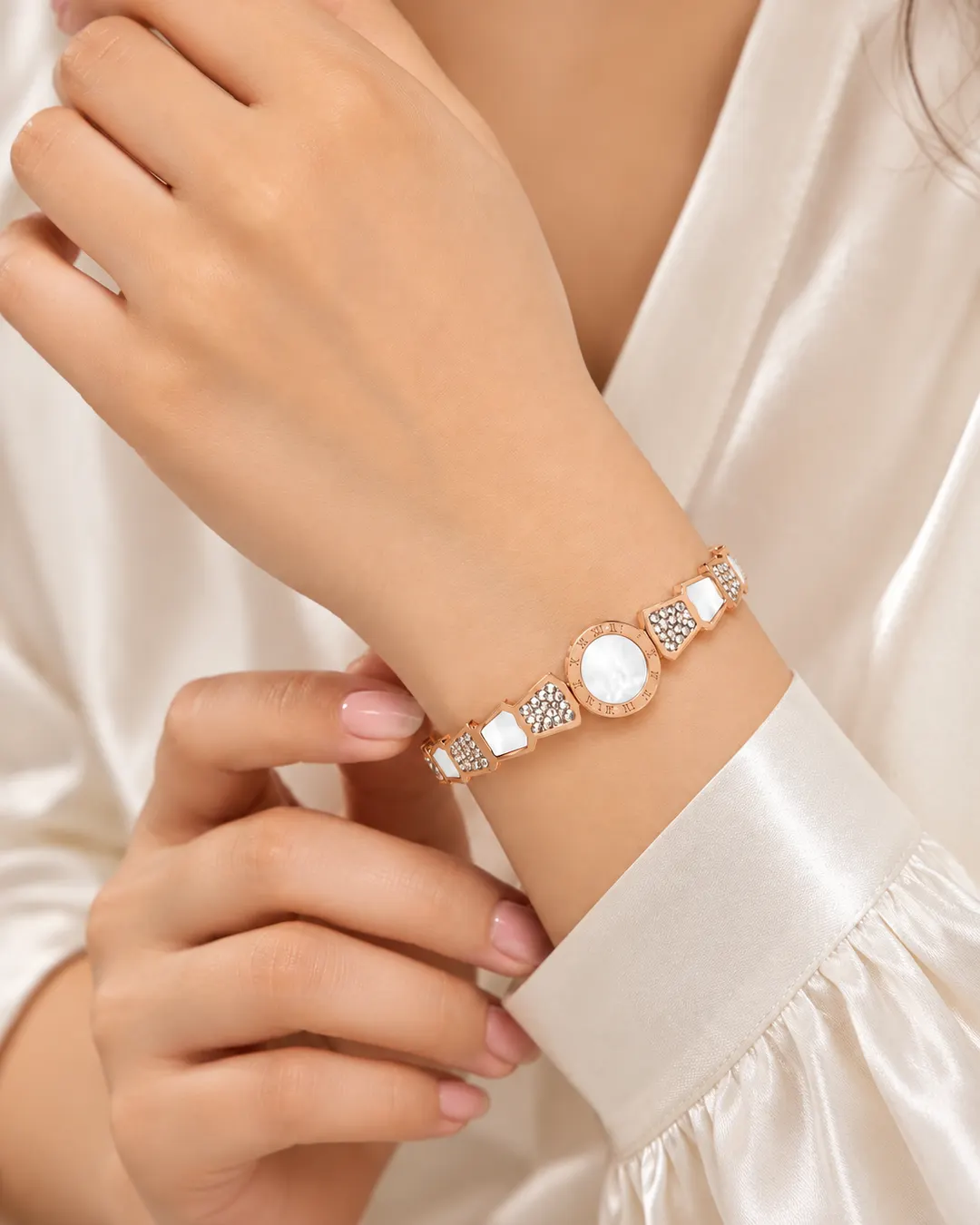 ROSE GOLD ROMAN NUMERAL CRYSTALCUFF BRACELET.