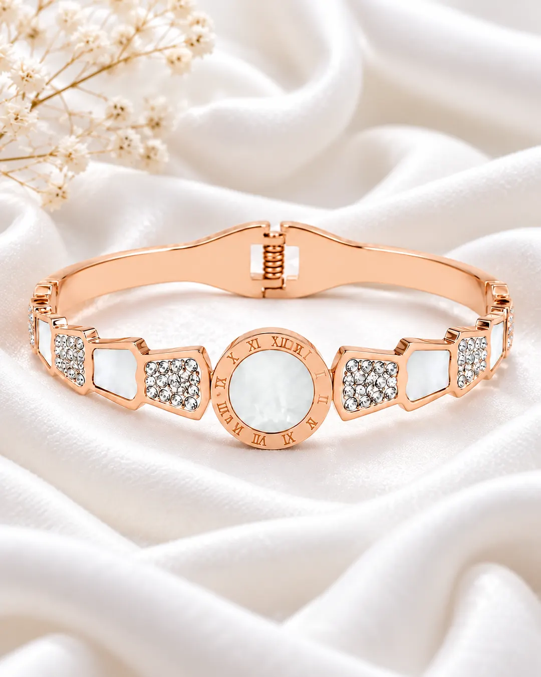 ROSE GOLD ROMAN NUMERAL CRYSTALCUFF BRACELET.