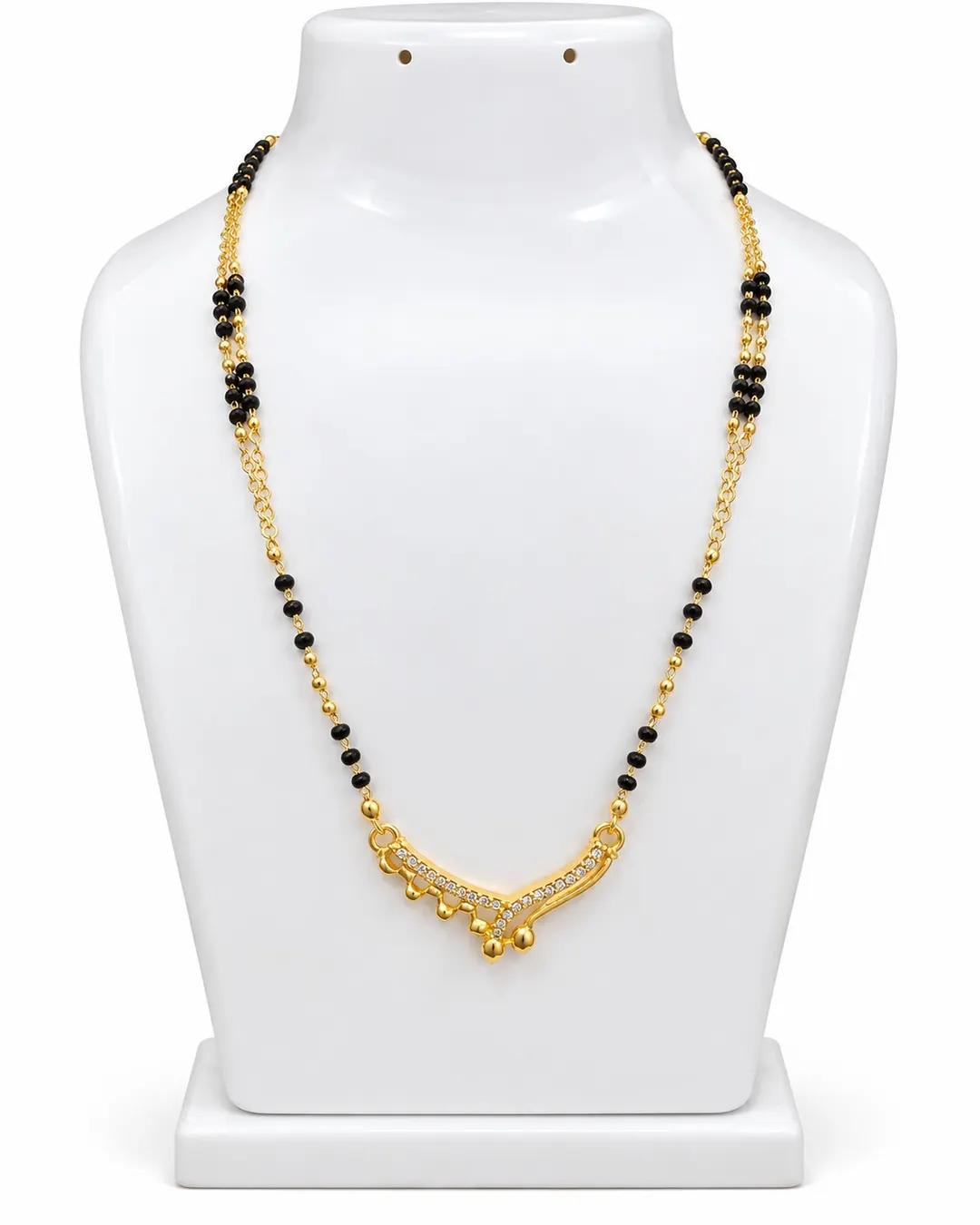 ELEGANT GOLD-TONE BLACK BEADS V-SHAPED AD STONE MANGALSUTRA