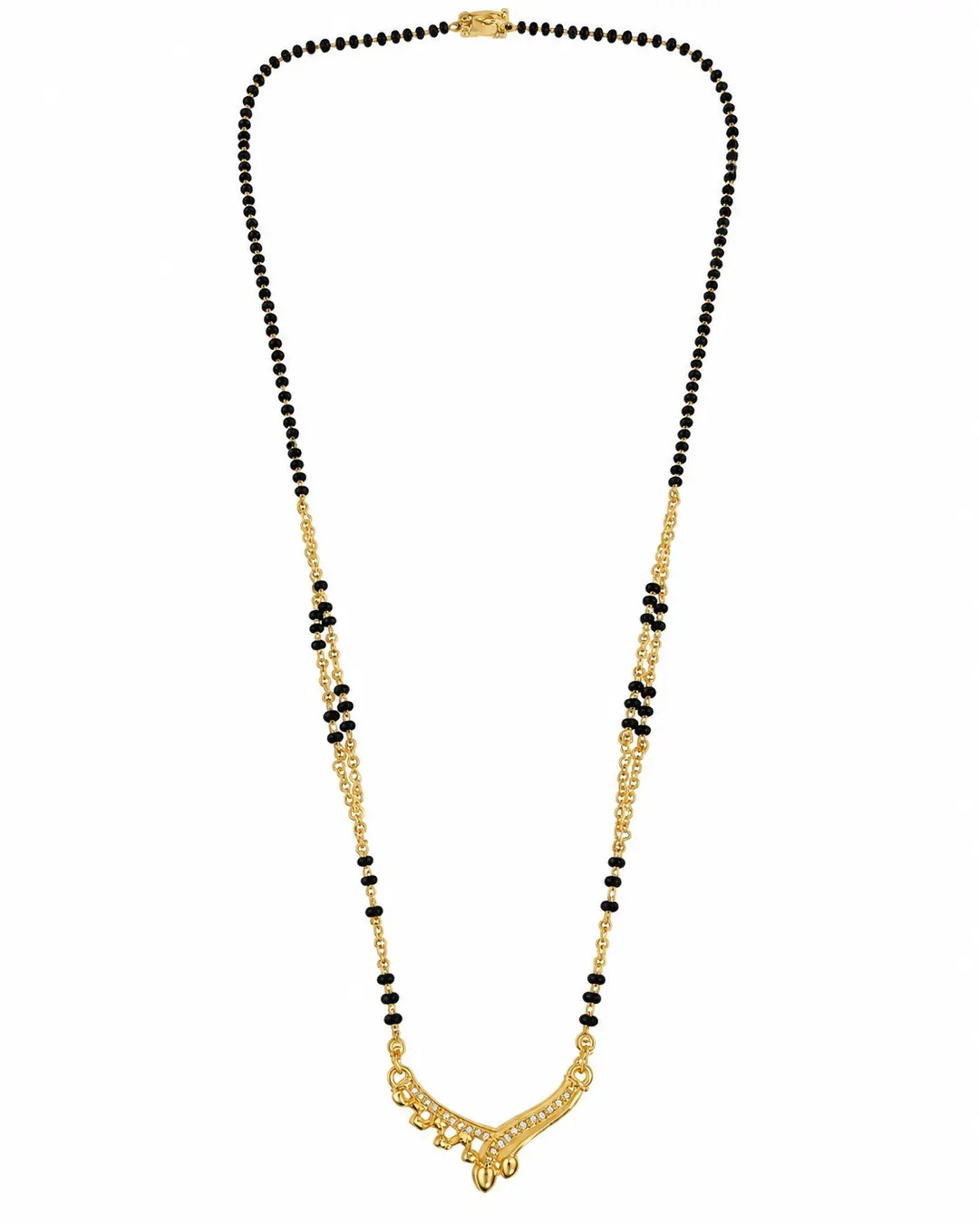 ELEGANT GOLD-TONE BLACK BEADS V-SHAPED AD STONE MANGALSUTRA