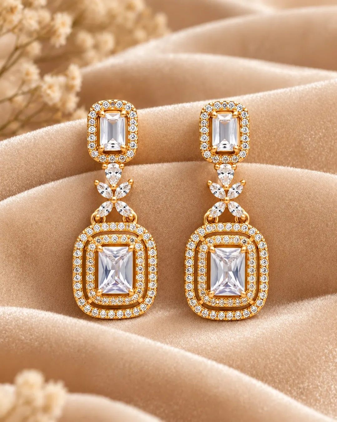 ROYAL RECTANGLE CZ DROP EARRINGS.