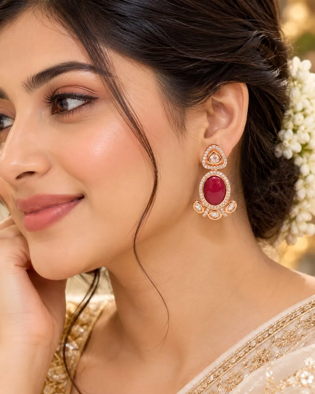 ROYAL RUBY RED STONE KUNDAN DROP EARRINGS