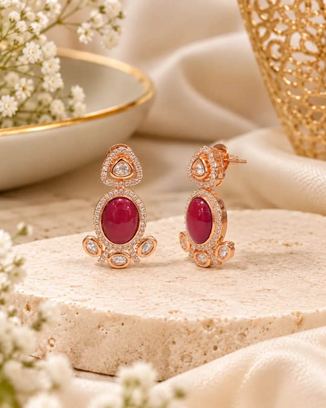 ROYAL RUBY RED STONE KUNDAN DROP EARRINGS