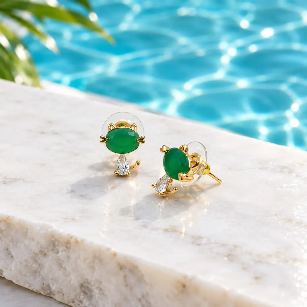 CAT DESIGN GREEN STUD EARRINGS.