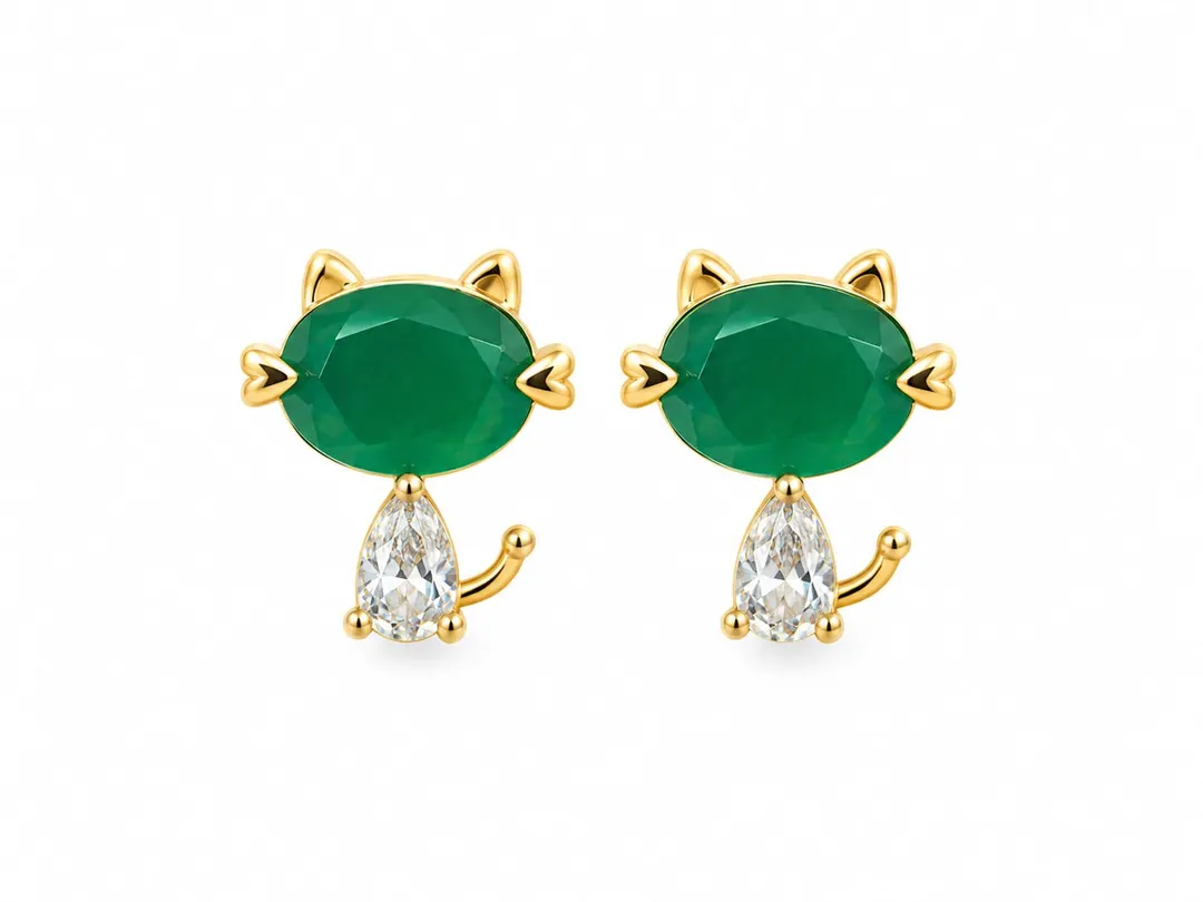 CAT DESIGN GREEN STUD EARRINGS.