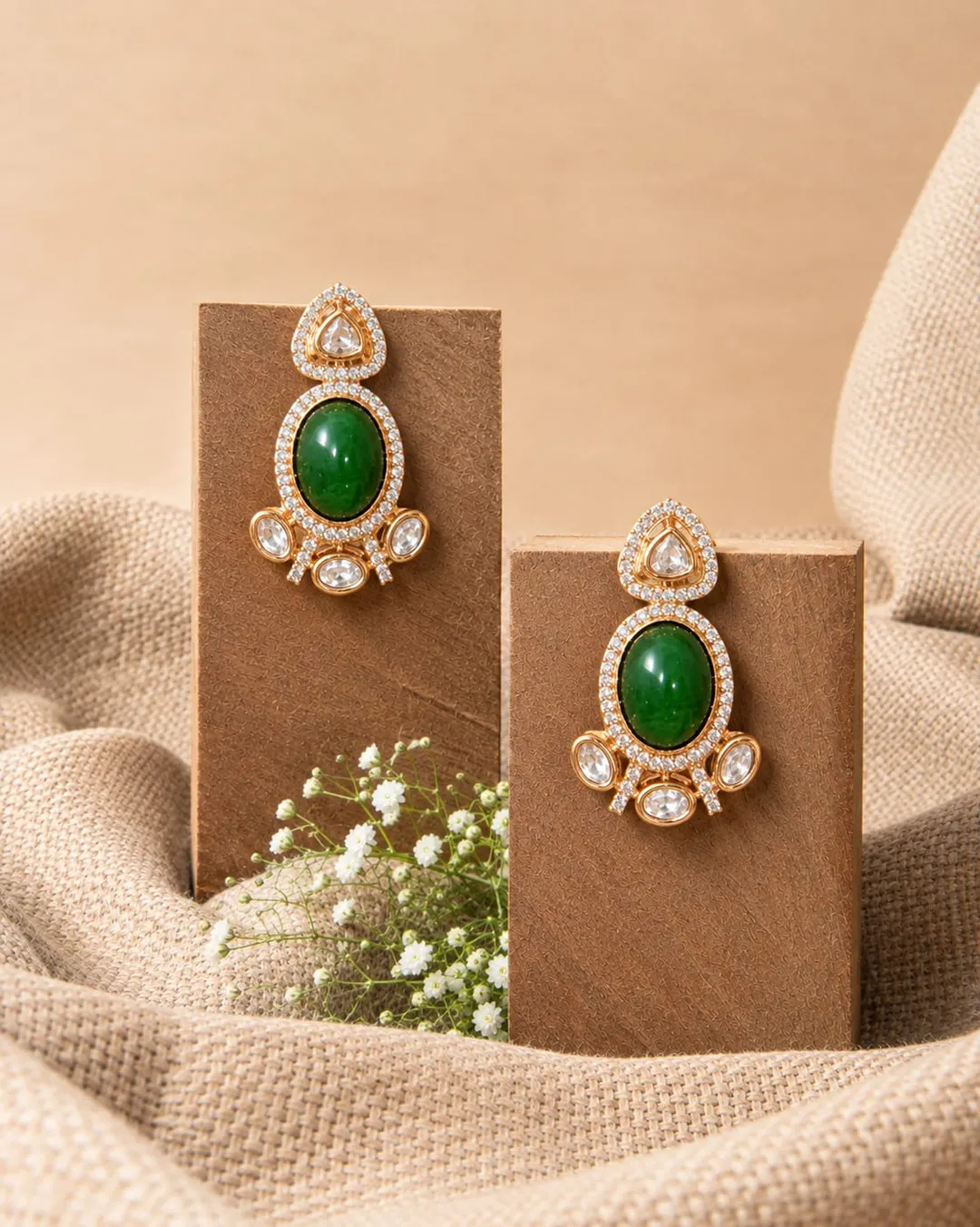 ROYAL EMERALD GREEN STONE KUNDAN DROP EARRINGS