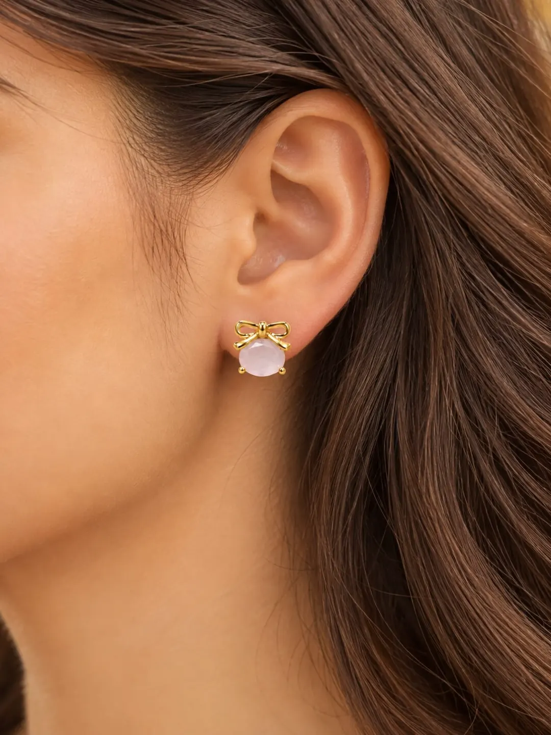 GOLDEN PINK CRYSTAL BOW STUD EARRINGS